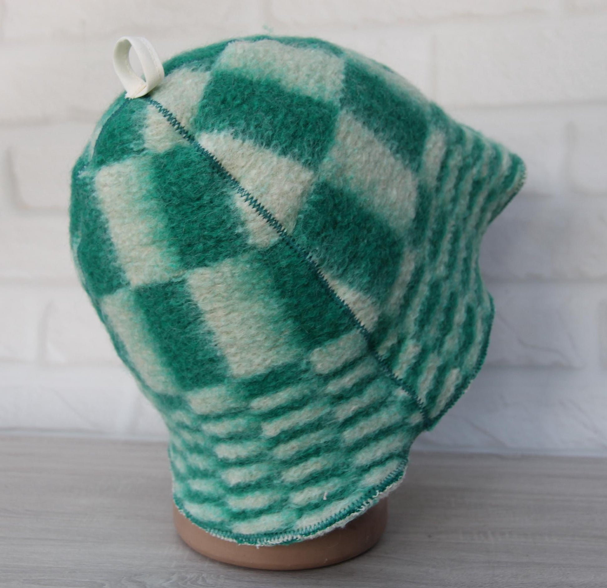 Reversible Vintage Wool Sauna Hat, Handmade Bucket Hat, Upcycled Blanket Hat, Green Checkered Hat.