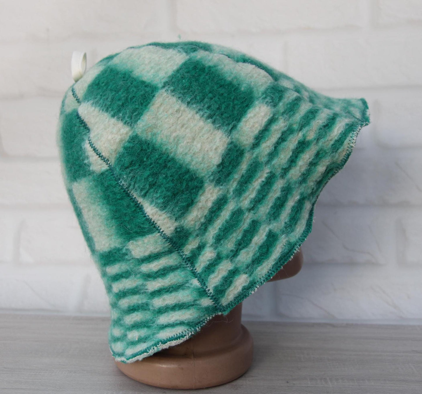 Reversible Vintage Wool Sauna Hat, Handmade Bucket Hat, Upcycled Blanket Hat, Green Checkered Hat.