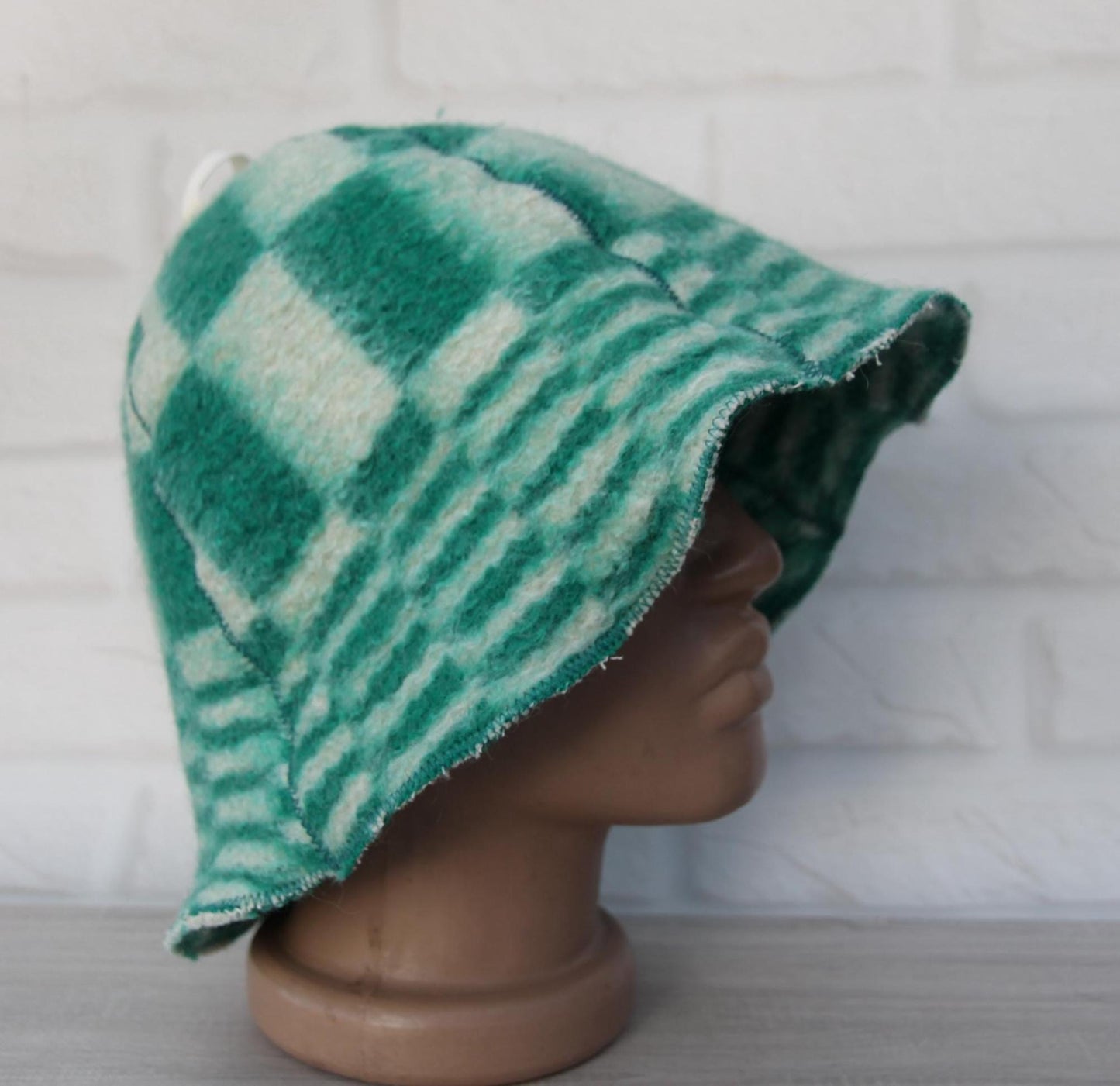 Reversible Vintage Wool Sauna Hat, Handmade Bucket Hat, Upcycled Blanket Hat, Green Checkered Hat.