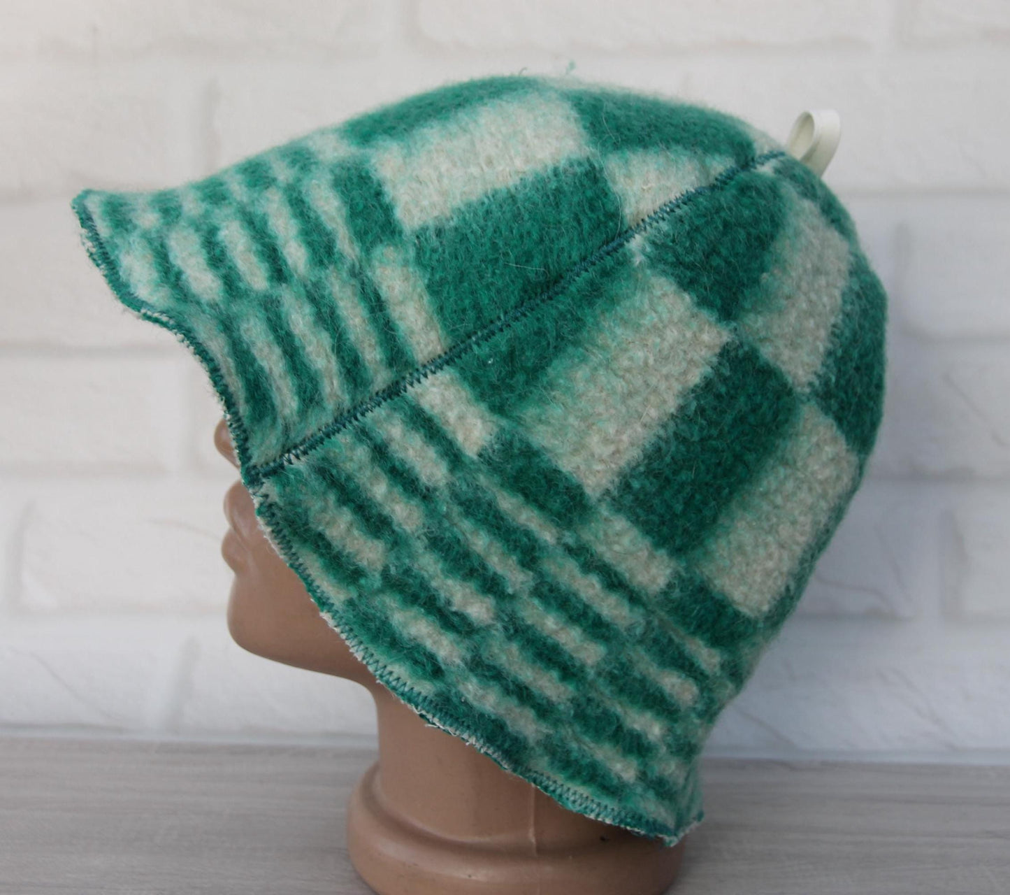 Reversible Vintage Wool Sauna Hat, Handmade Bucket Hat, Upcycled Blanket Hat, Green Checkered Hat.