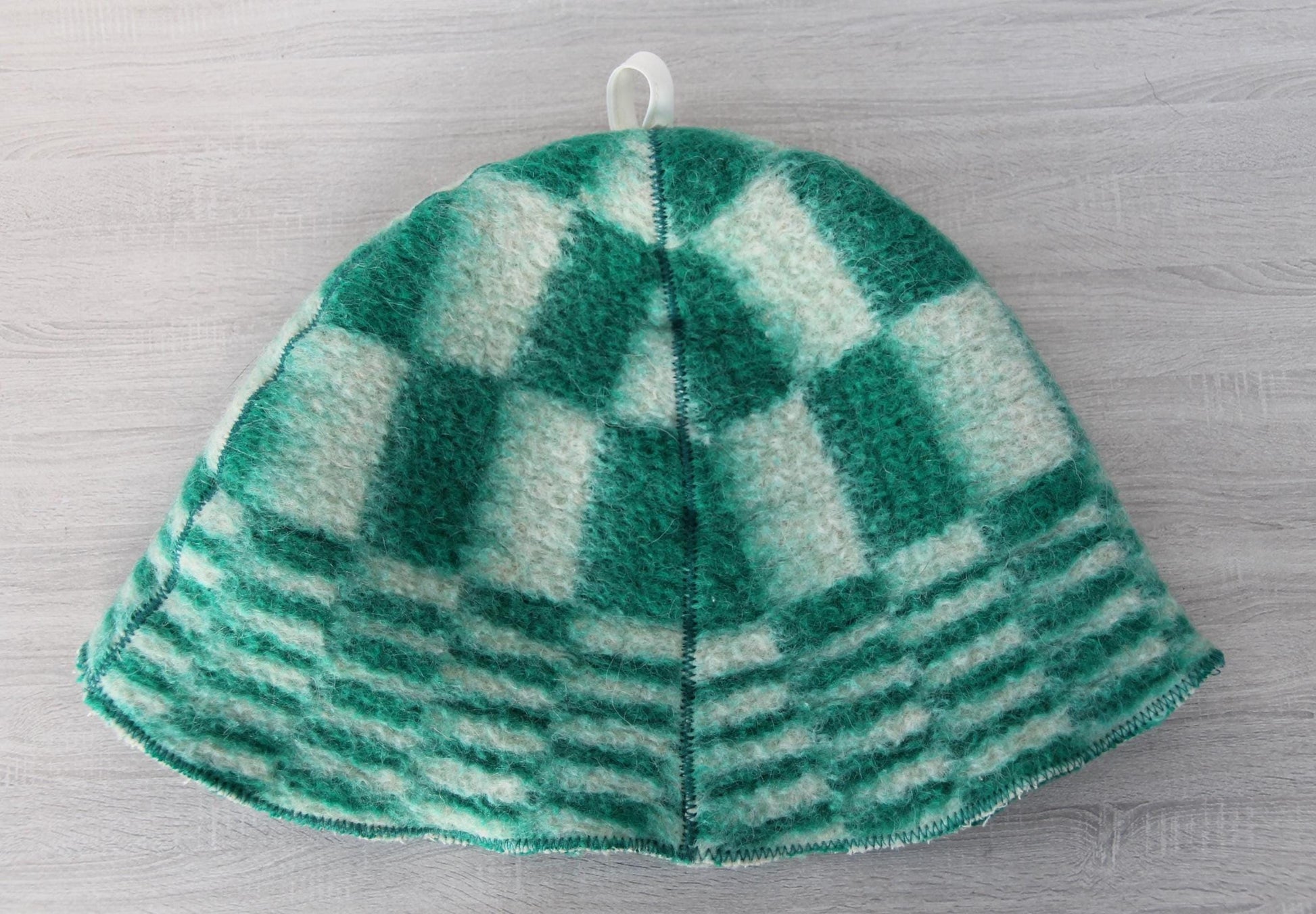 Reversible Vintage Wool Sauna Hat, Handmade Bucket Hat, Upcycled Blanket Hat, Green Checkered Hat.