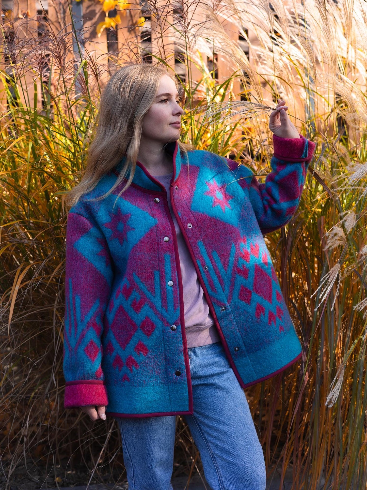 Vintage Wool Blanket Jacket, Handmade Quilted Coat, Upcycled blue Jacket Size L, Warm Ethnic Pattern Coat