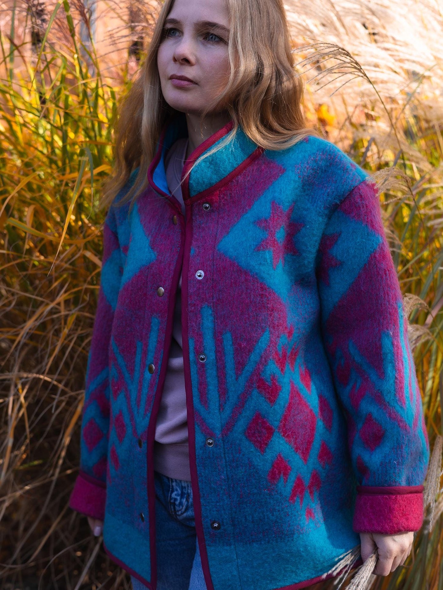 Vintage Wool Blanket Jacket, Handmade Quilted Coat, Upcycled blue Jacket Size L, Warm Ethnic Pattern Coat