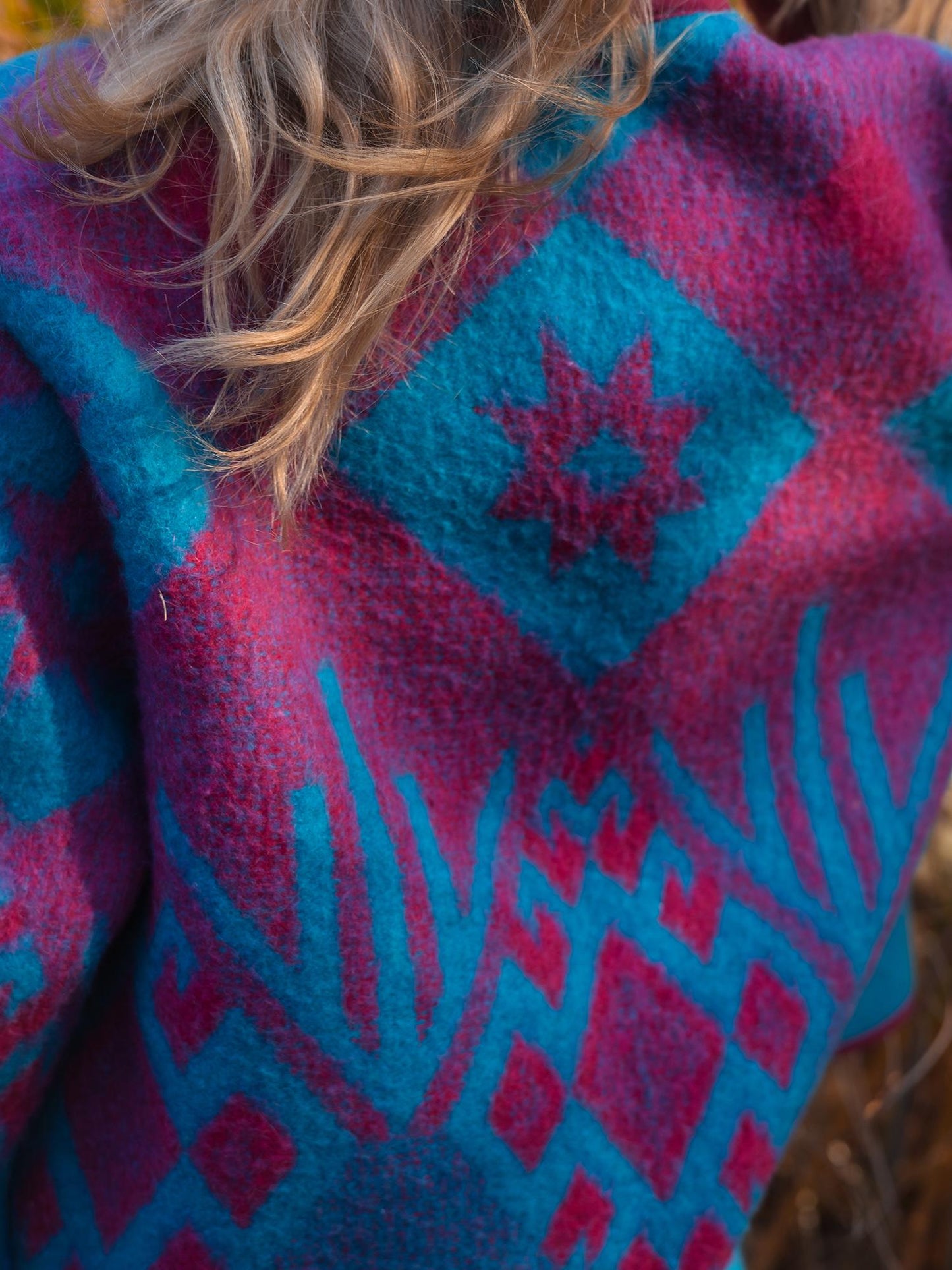 Vintage Wool Blanket Jacket, Handmade Quilted Coat, Upcycled blue Jacket Size L, Warm Ethnic Pattern Coat