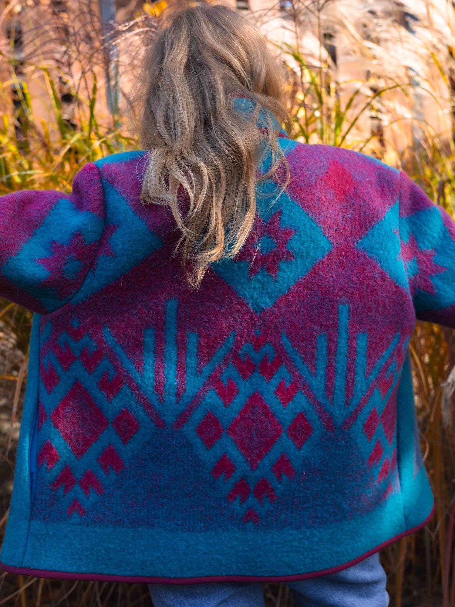 Vintage Wool Blanket Jacket, Handmade Quilted Coat, Upcycled blue Jacket Size L, Warm Ethnic Pattern Coat