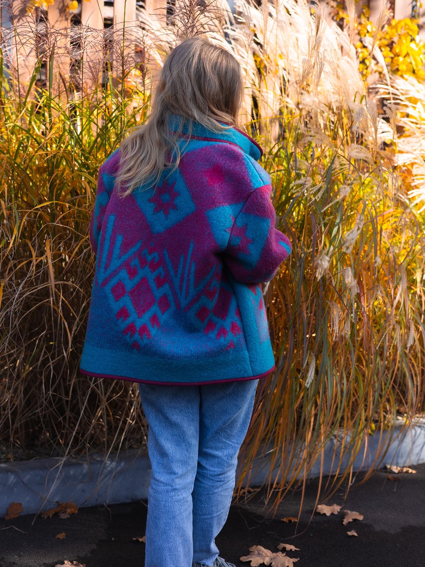 Vintage Wool Blanket Jacket, Handmade Quilted Coat, Upcycled blue Jacket Size L, Warm Ethnic Pattern Coat