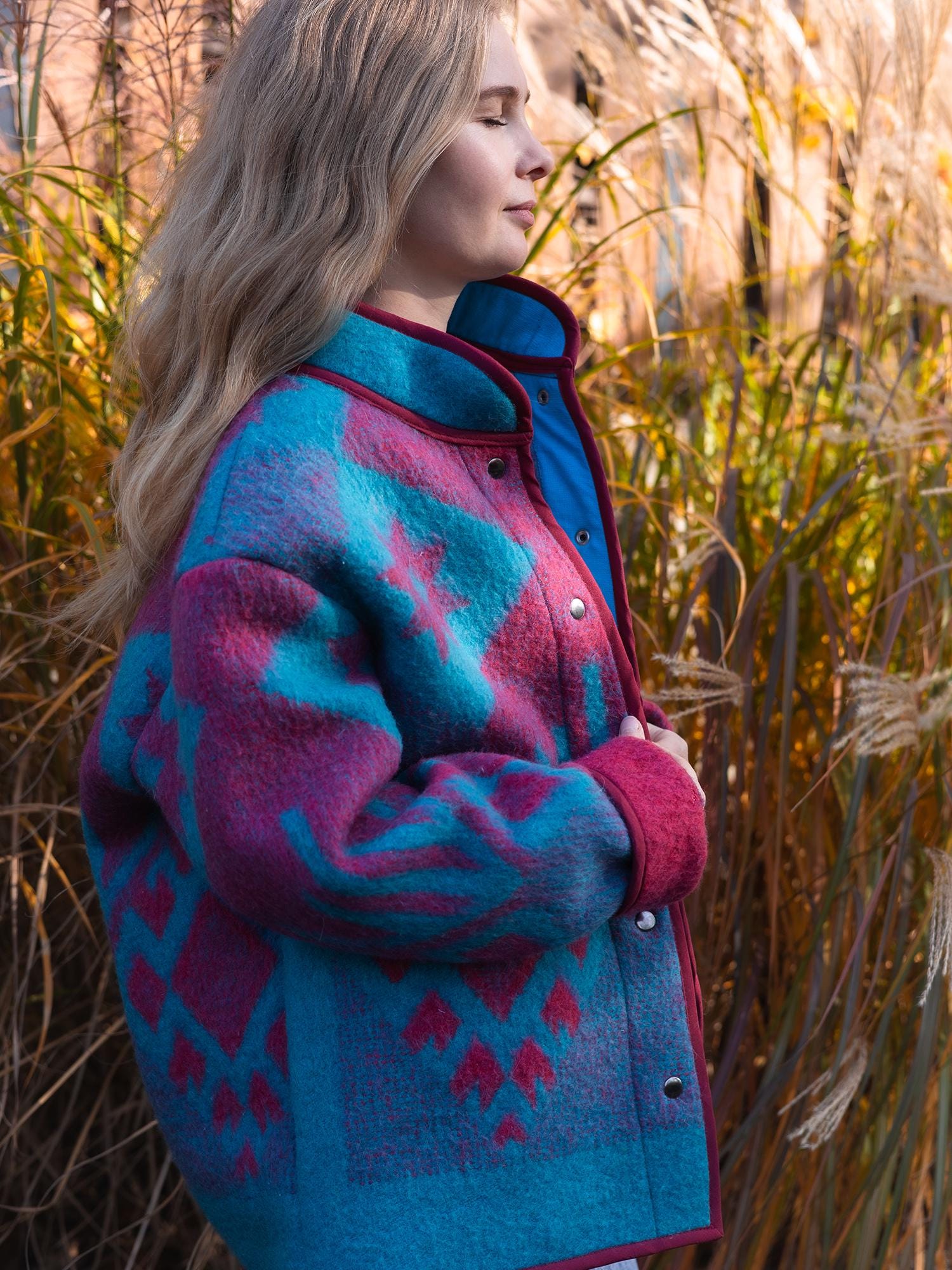 Vintage Wool Blanket Jacket, Handmade Quilted Coat, Upcycled blue Jacket Size L, Warm Ethnic Pattern Coat