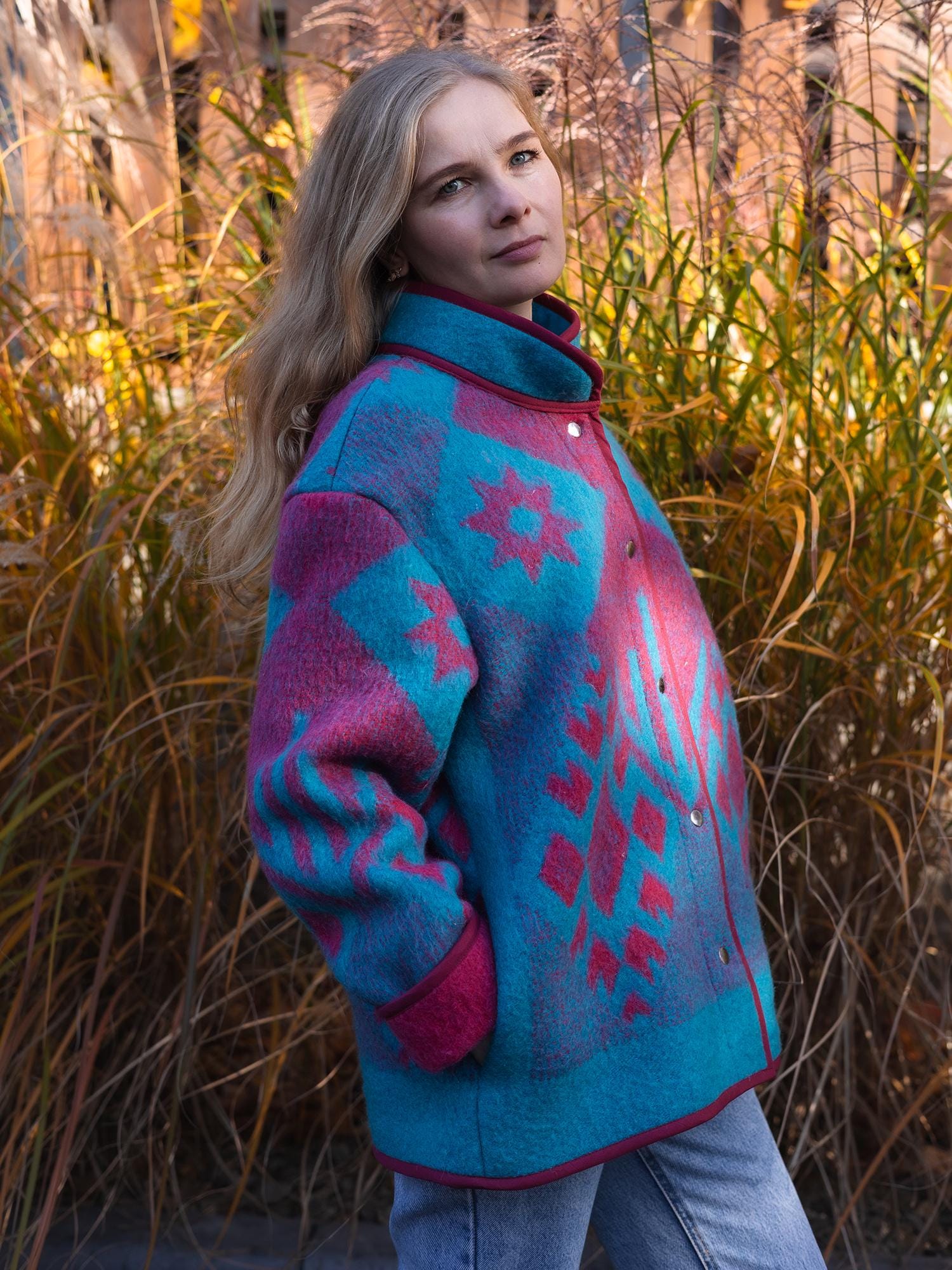 Vintage Wool Blanket Jacket, Handmade Quilted Coat, Upcycled blue Jacket Size L, Warm Ethnic Pattern Coat