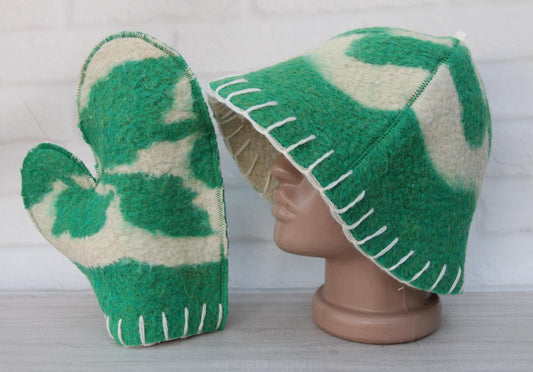 Wool sauna hat mitten mat natural,handmade green felted bath hat, ecoriendly hat recycled blanket cap, gift for sauna lovers.