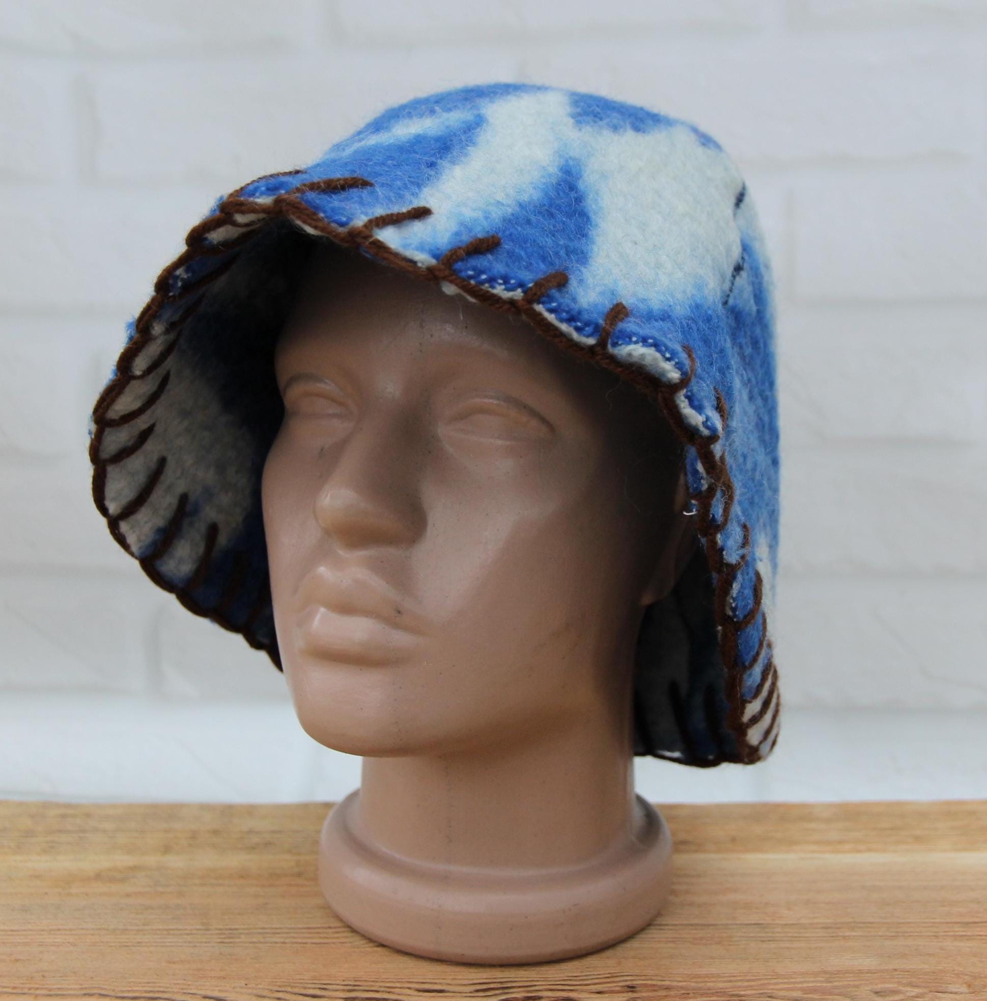 Wool Sauna Hat for Bath, Handmade blue Banya Hat.