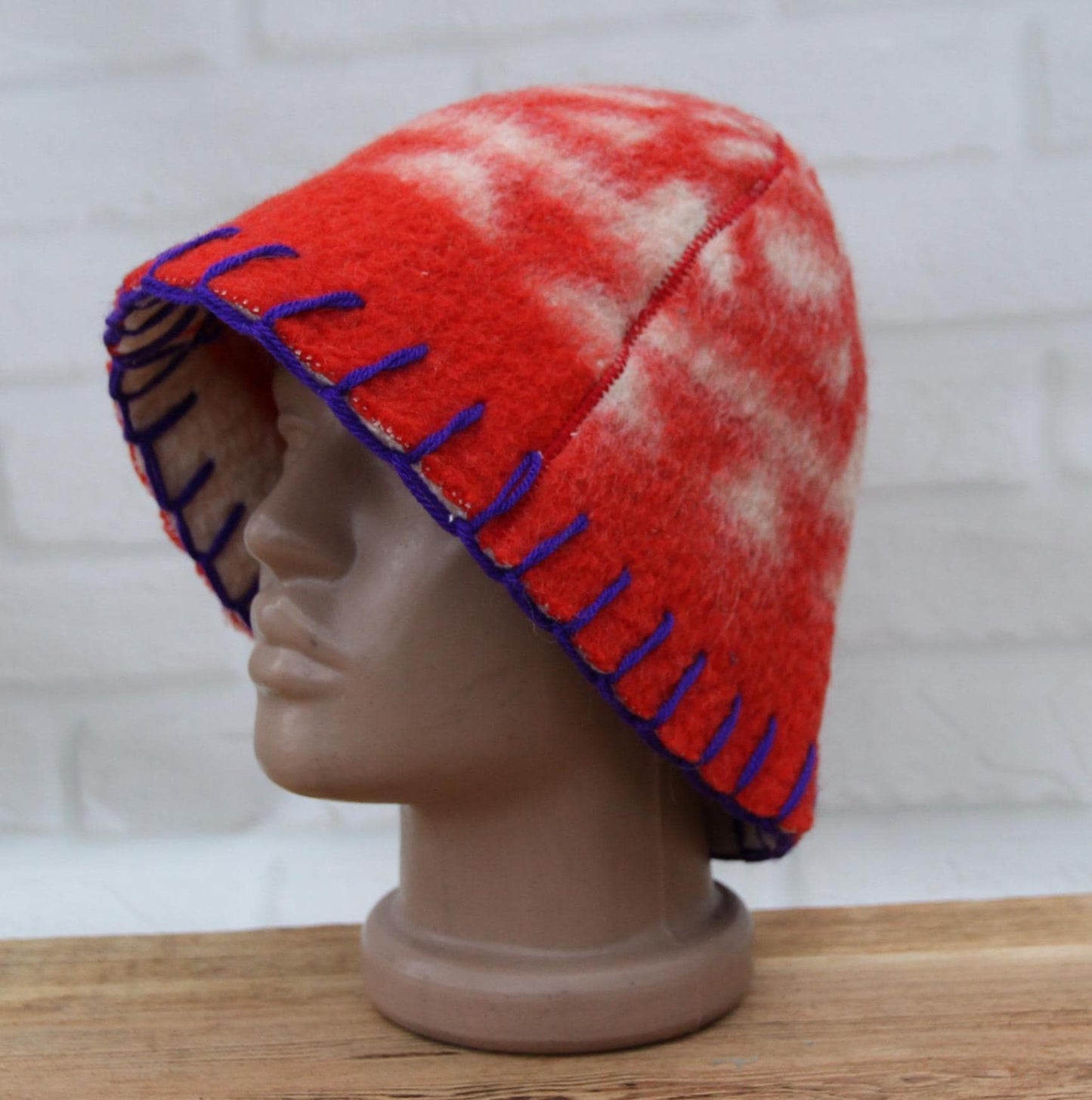 Wool Sauna Hat for Bath, Handmade red Banya Hat.