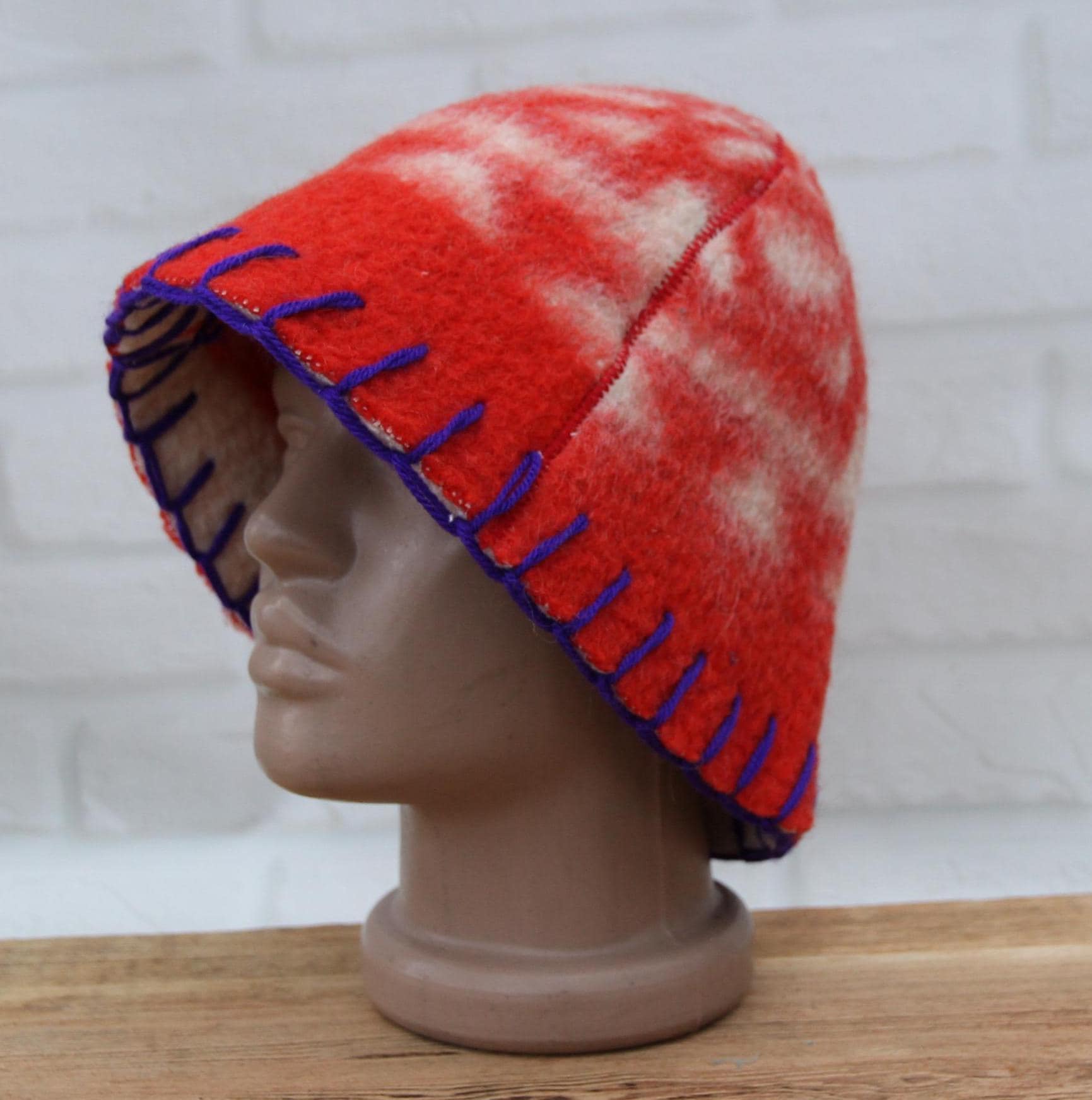 Wool Sauna Hat for Bath, Handmade red Banya Hat.