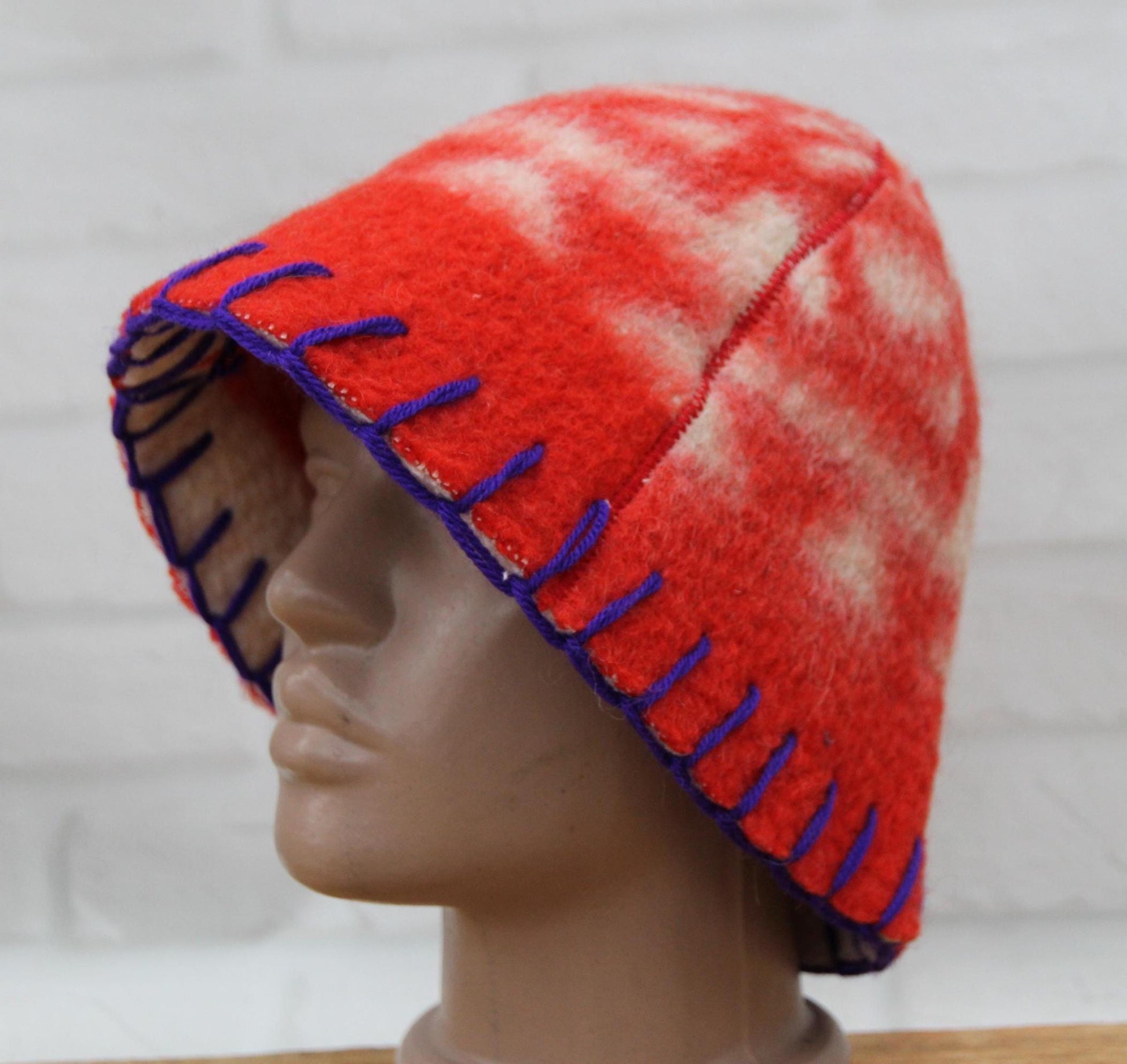 Wool Sauna Hat for Bath, Handmade red Banya Hat.