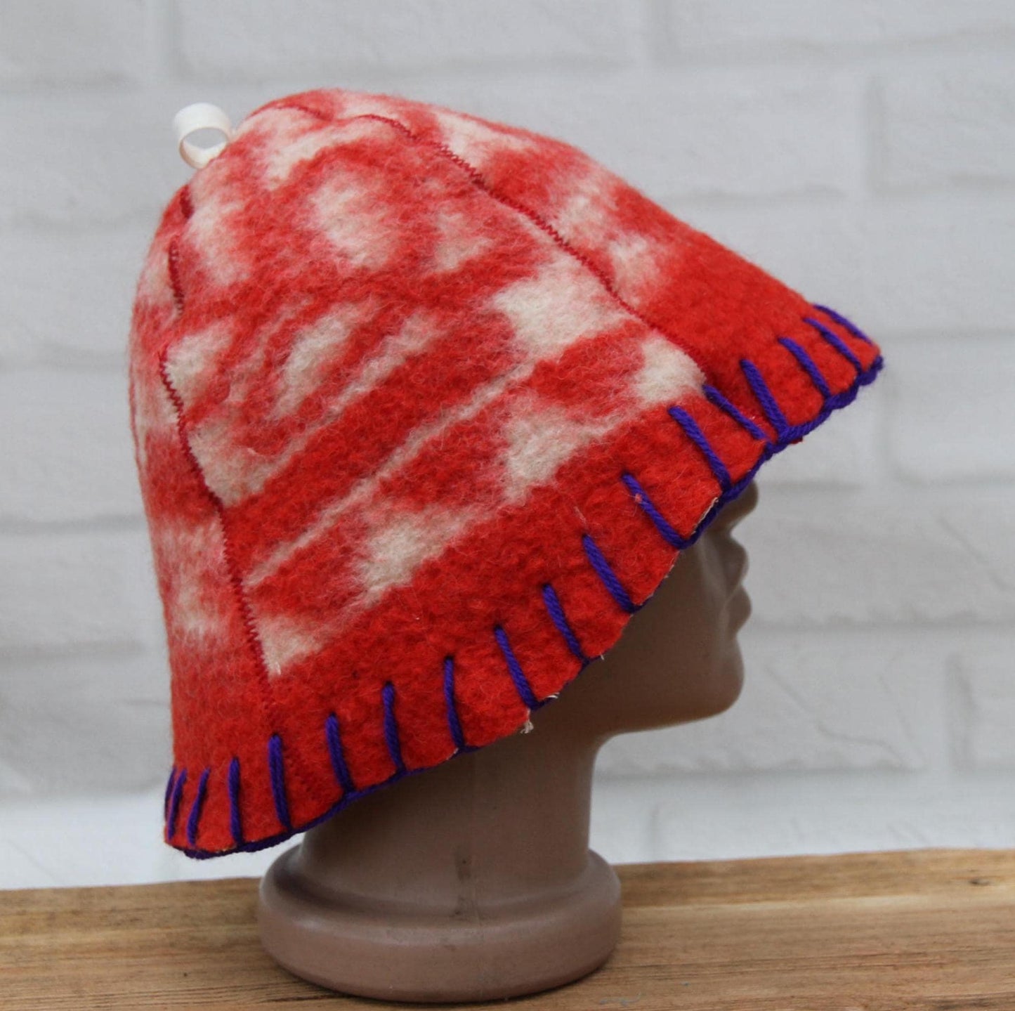 Wool Sauna Hat for Bath, Handmade red Banya Hat.