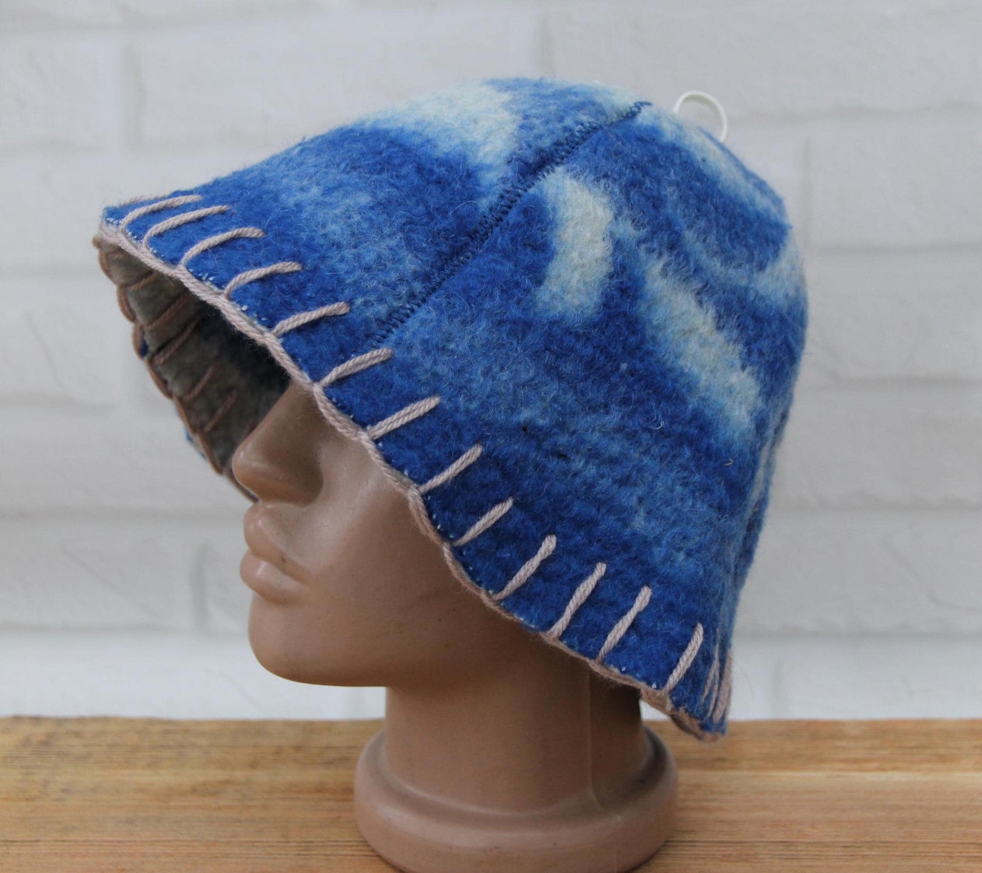 Wool Sauna Hat for Bath, Handmade blue Banya Hat.