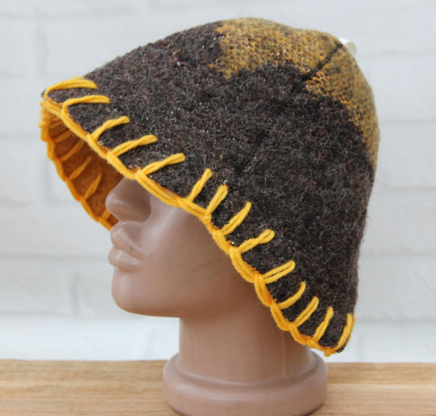 Brown Wool Sauna Hat with Floral, Handmade from Upcycled Vintage Blanket, Unisex Spa Hat,Spa Wellness Accessory,Unique Gift for Sauna.