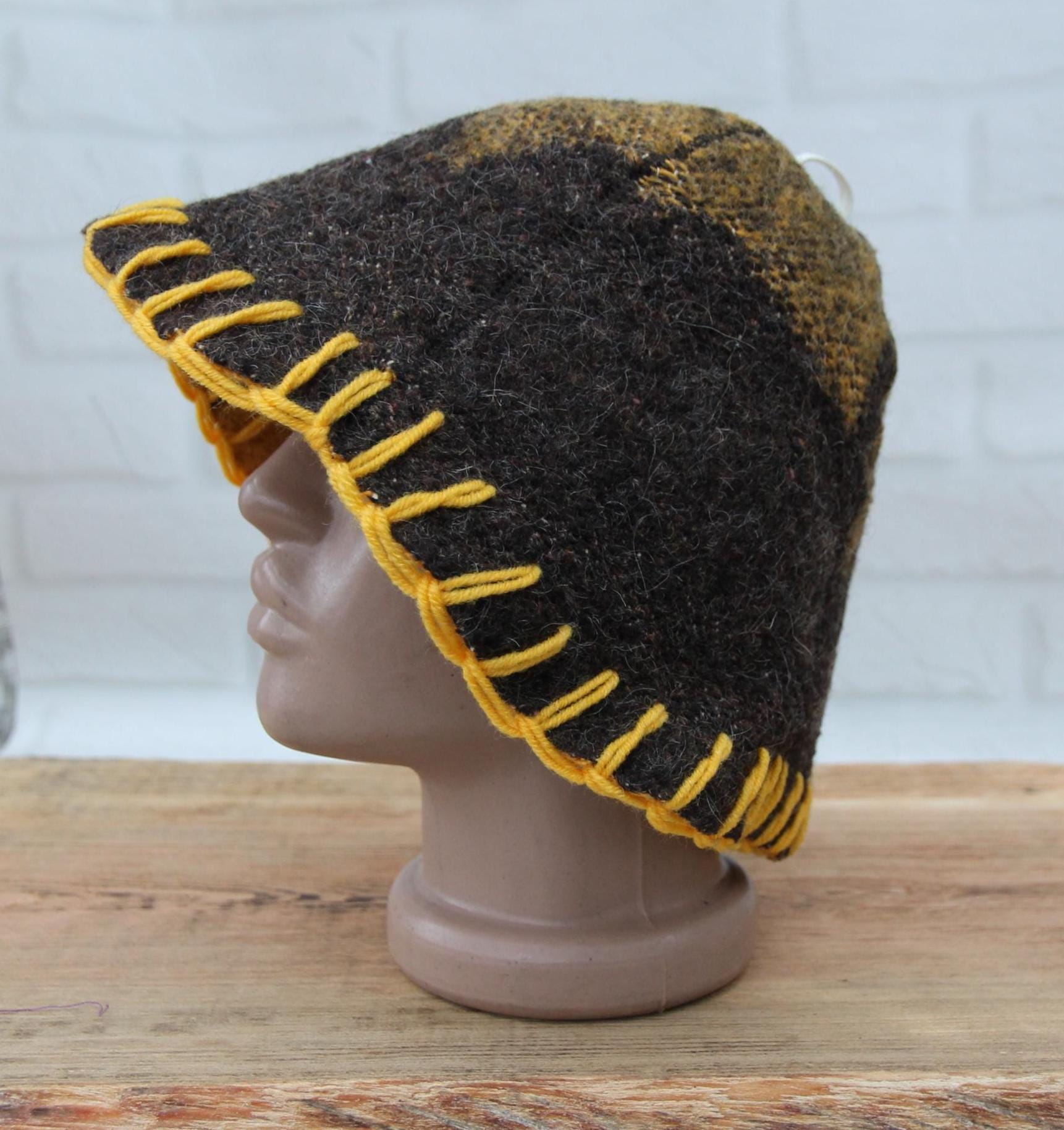 Brown Wool Sauna Hat with Floral, Handmade from Upcycled Vintage Blanket, Unisex Spa Hat,Spa Wellness Accessory,Unique Gift for Sauna.