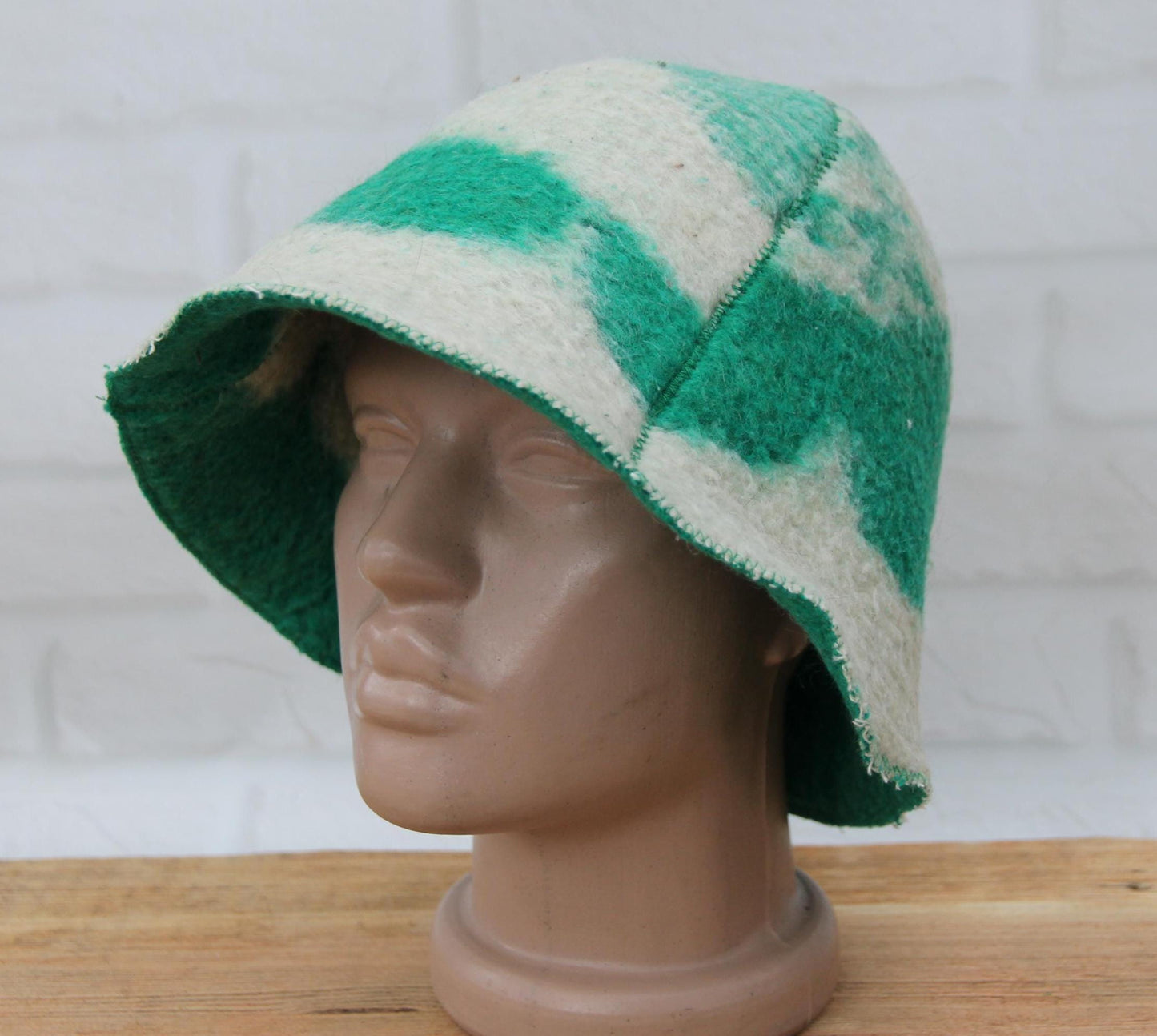 Reversible Vintage Wool Sauna Hat, Handmade Bucket Hat, Upcycled Blanket Hat, Green Checkered Hat.