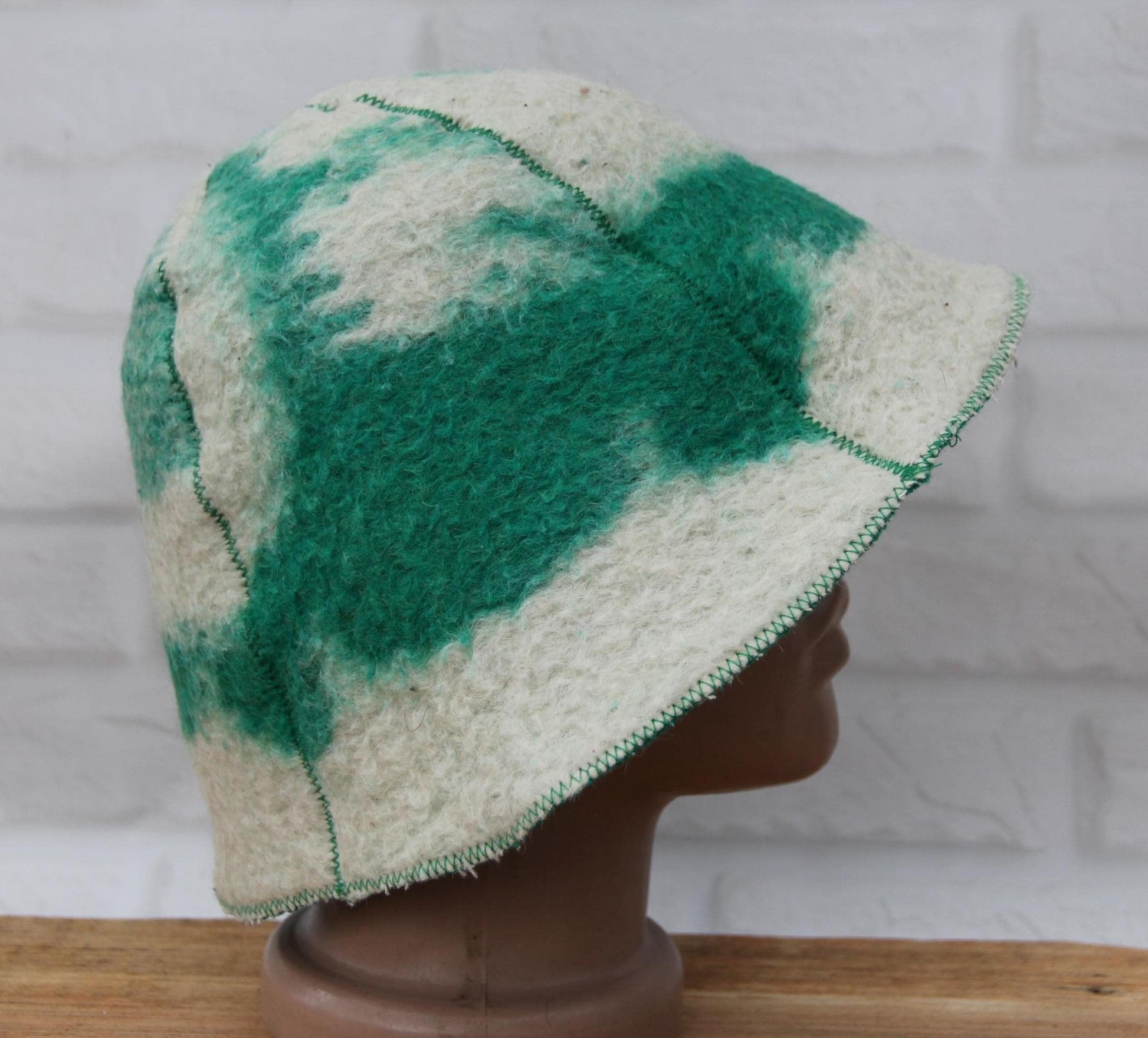 Reversible Vintage Wool Sauna Hat, Handmade Bucket Hat, Upcycled Blanket Hat, Green Checkered Hat.