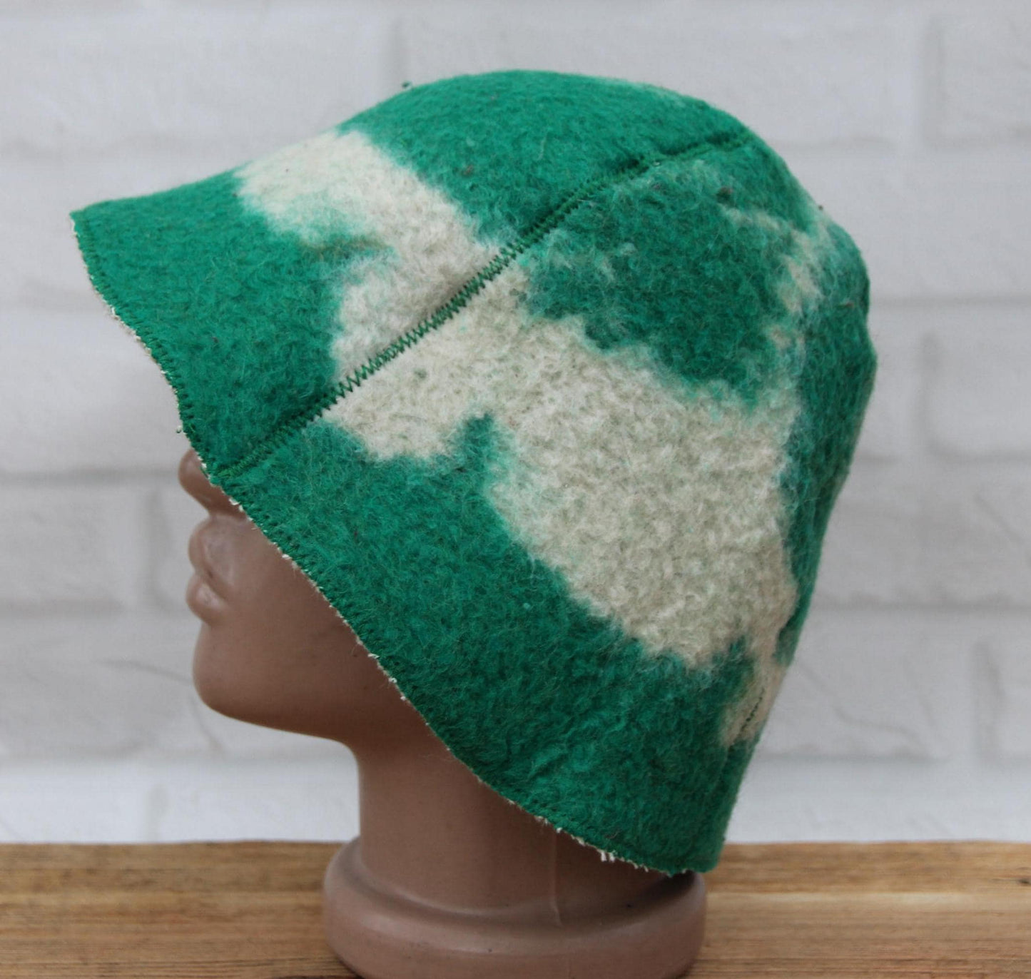Reversible Vintage Wool Sauna Hat, Handmade Bucket Hat, Upcycled Blanket Hat, Green Checkered Hat.