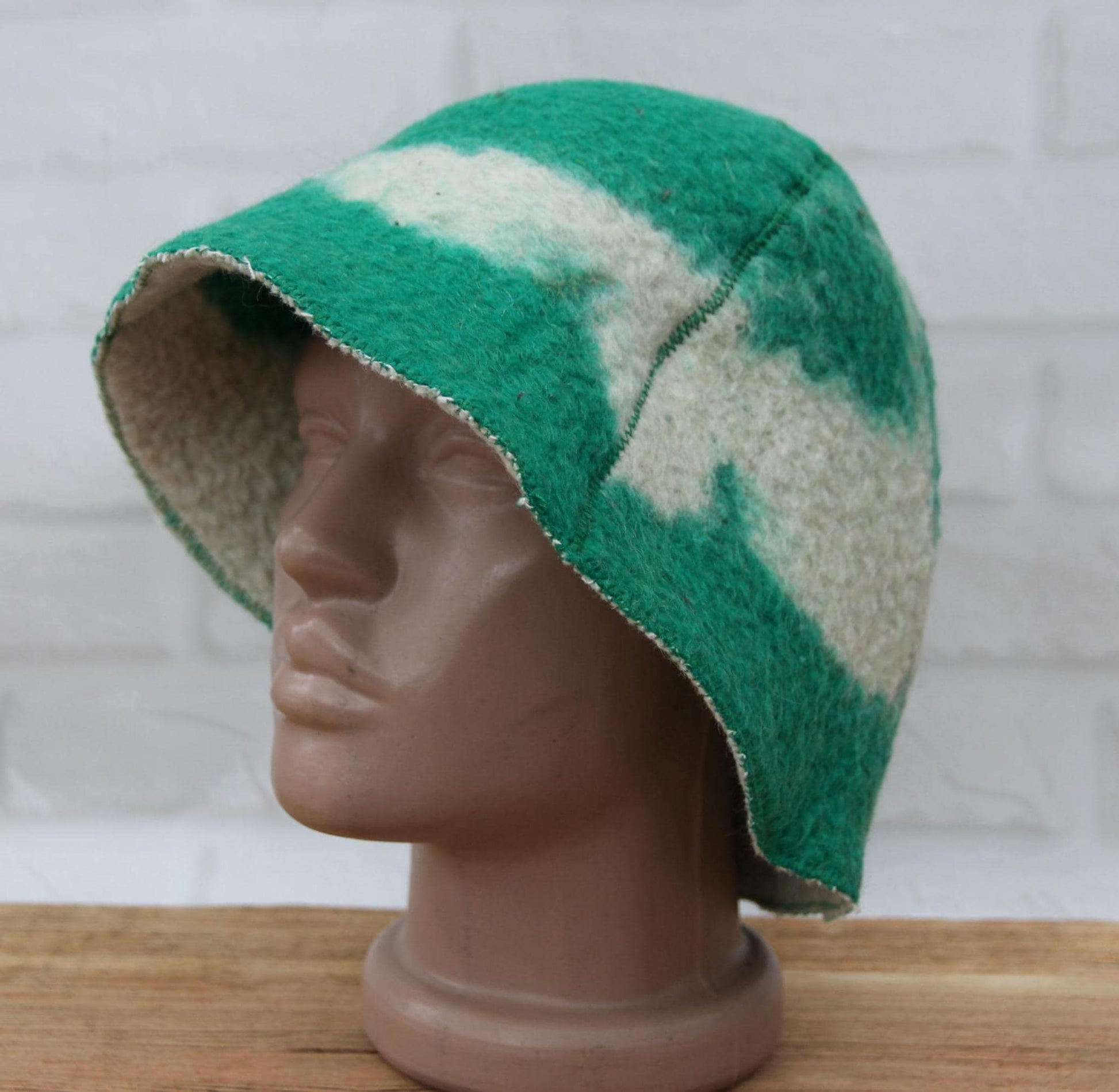 Reversible Vintage Wool Sauna Hat, Handmade Bucket Hat, Upcycled Blanket Hat, Green Checkered Hat.