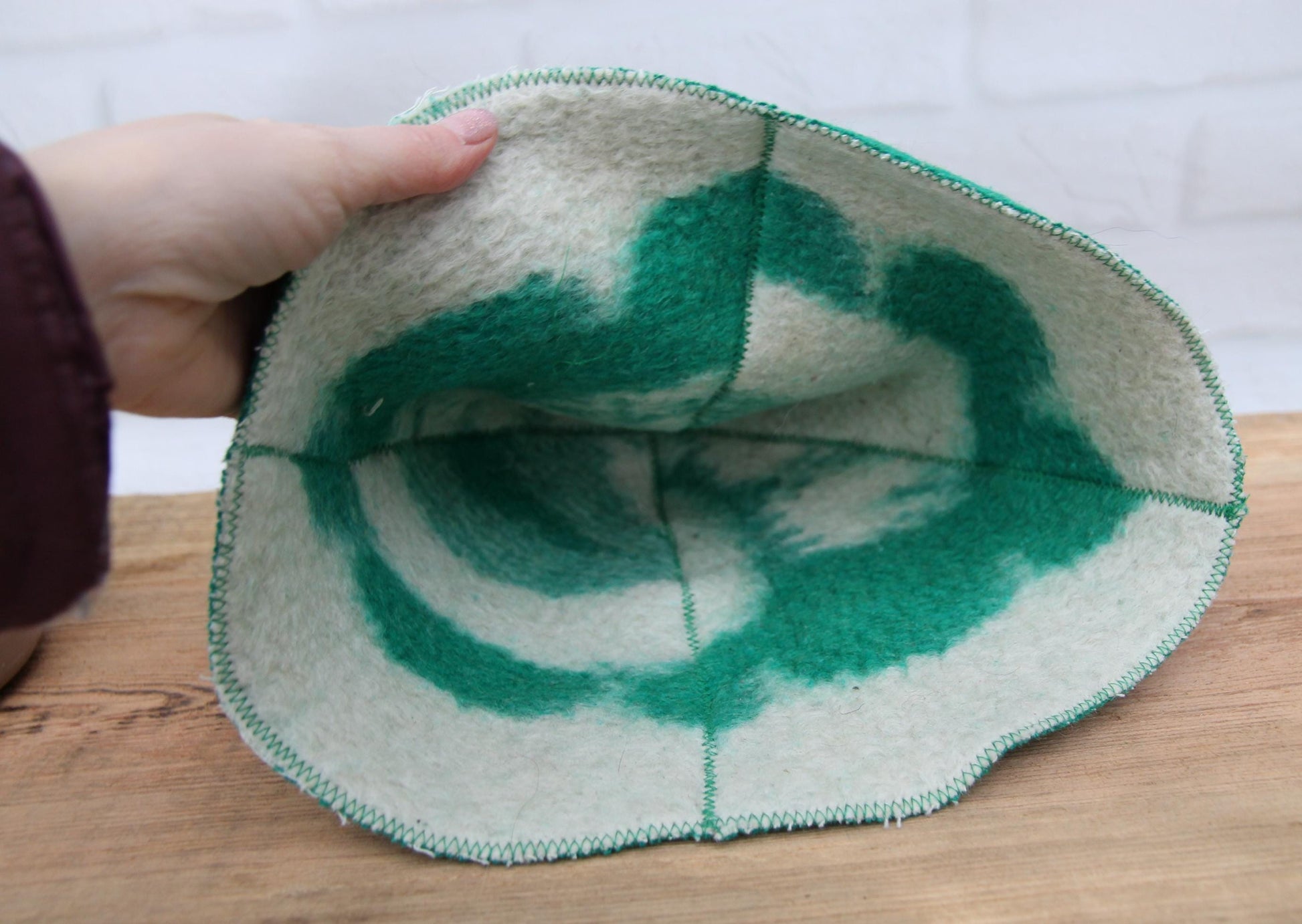 Reversible Vintage Wool Sauna Hat, Handmade Bucket Hat, Upcycled Blanket Hat, Green Checkered Hat.