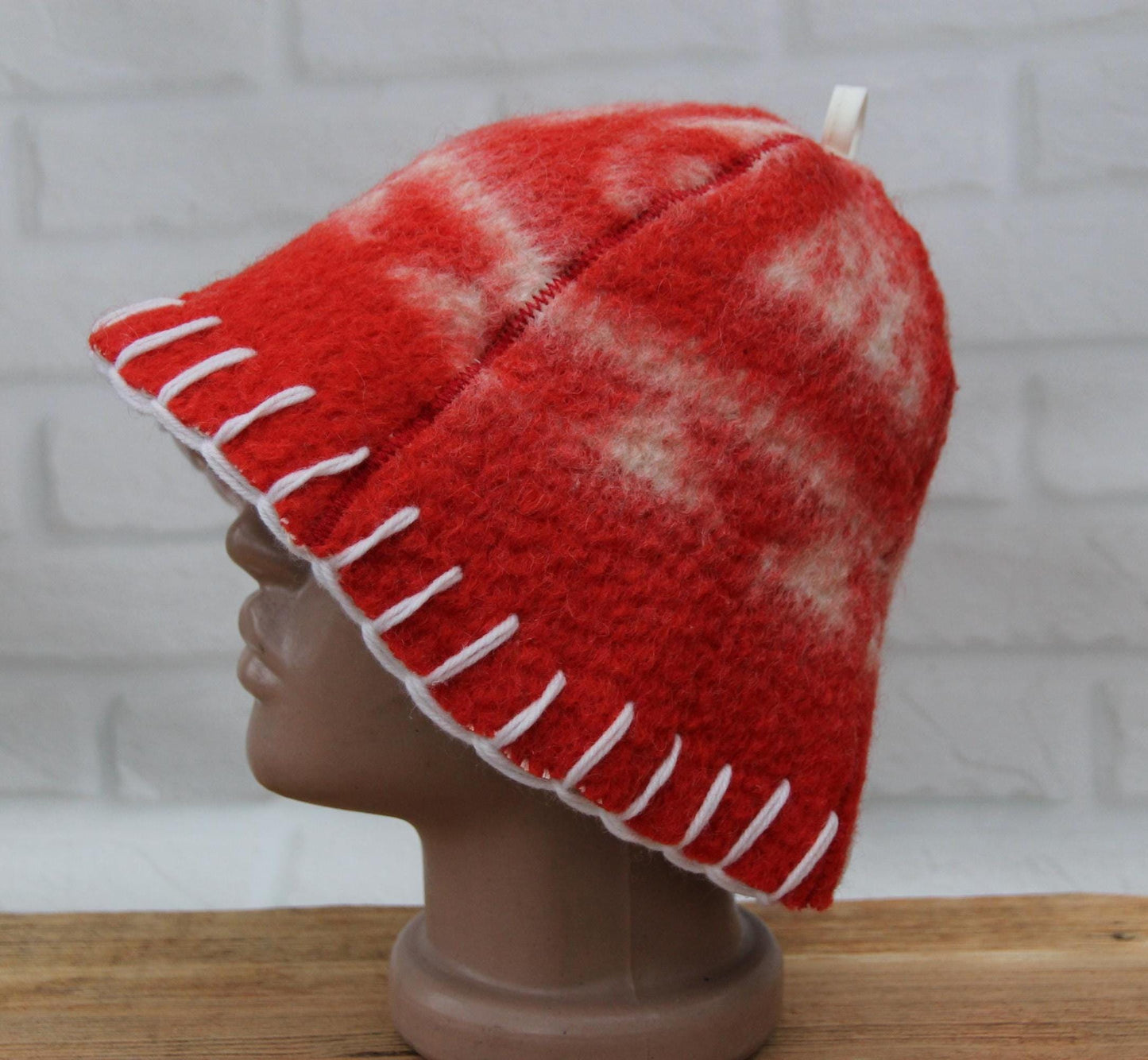 Wool Sauna Hat for Bath, Handmade red Banya Hat.