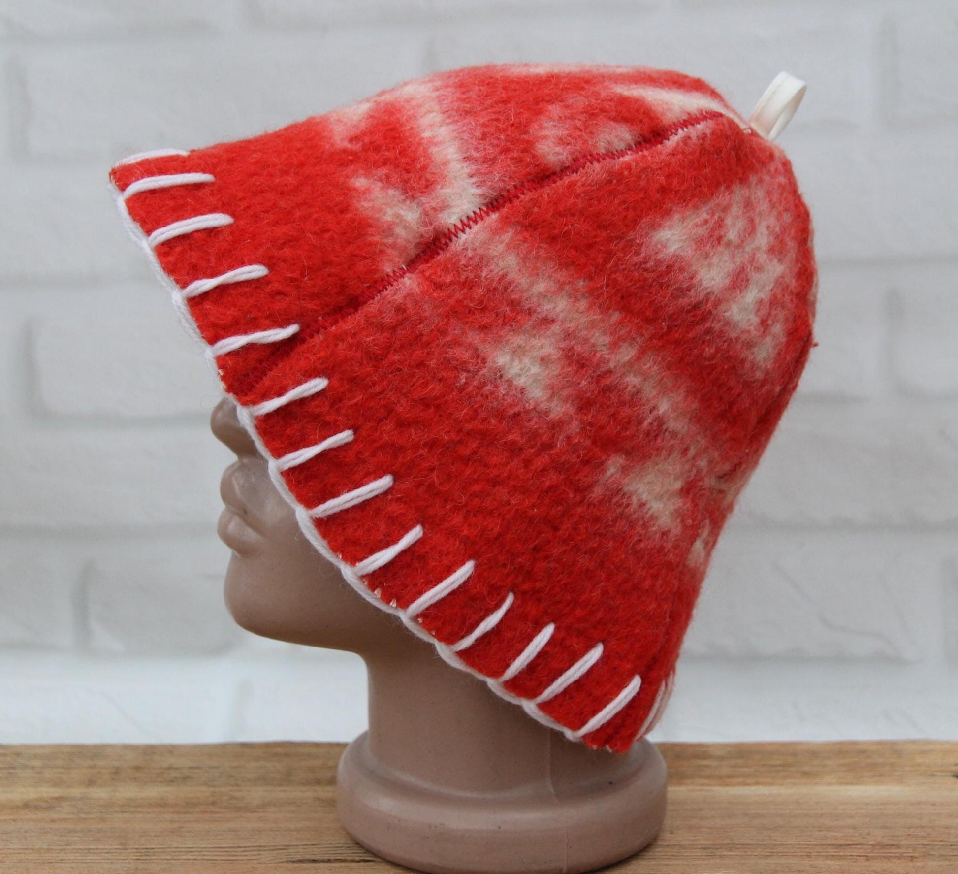 Wool Sauna Hat for Bath, Handmade red Banya Hat.