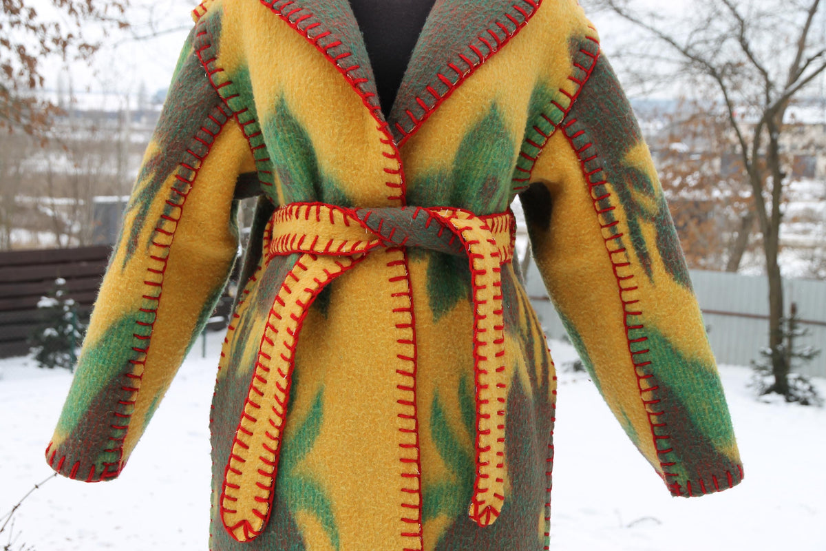 Handmade Coat from Vintage Wool Blanket, Oversized Wrap Coat with Belt, Two Pockets, Upcycled Boho Winter Coat