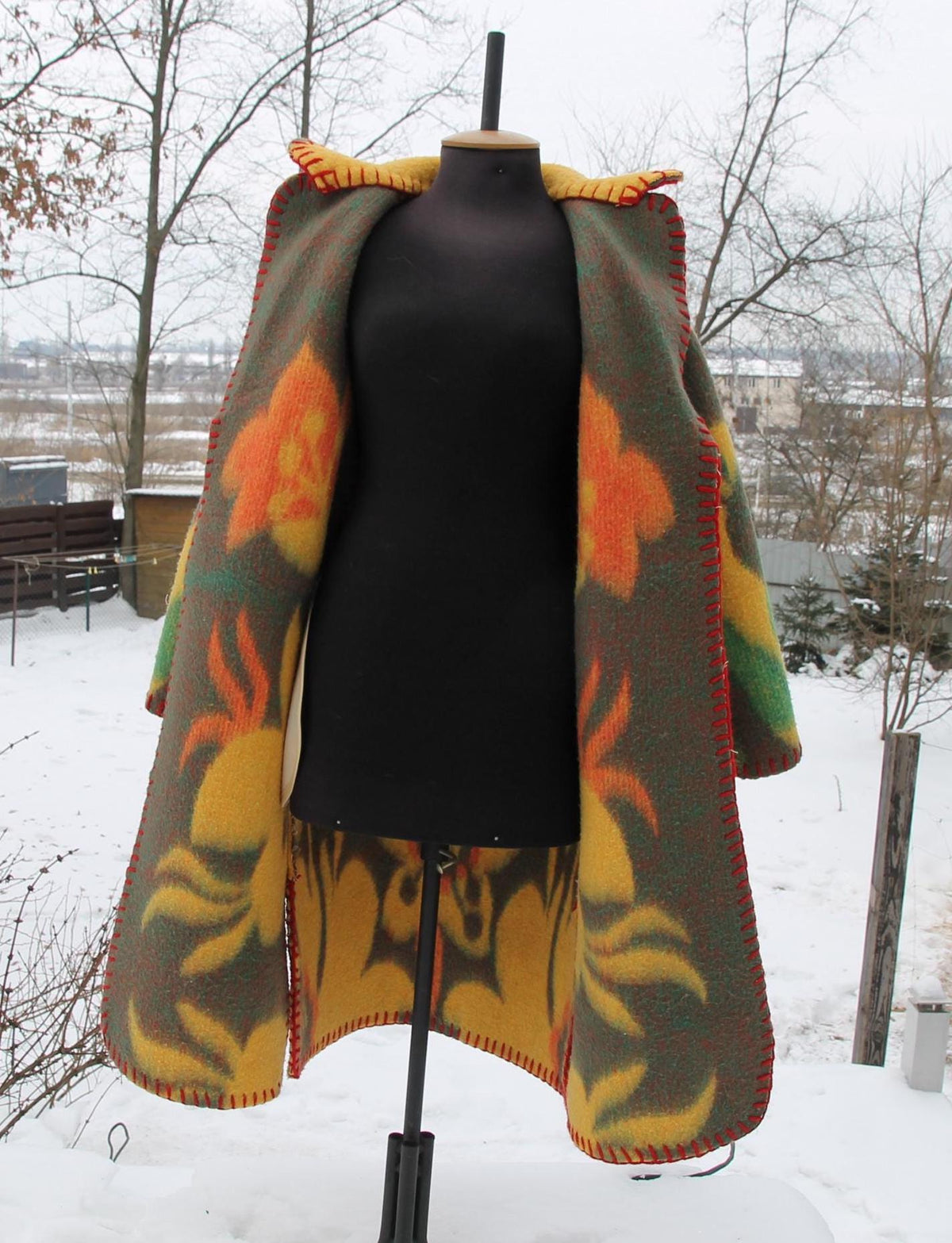 Handmade Coat from Vintage Wool Blanket, Oversized Wrap Coat with Belt, Two Pockets, Upcycled Boho Winter Coat