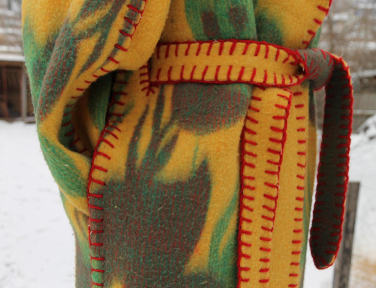Handmade Coat from Vintage Wool Blanket, Oversized Wrap Coat with Belt, Two Pockets, Upcycled Boho Winter Coat