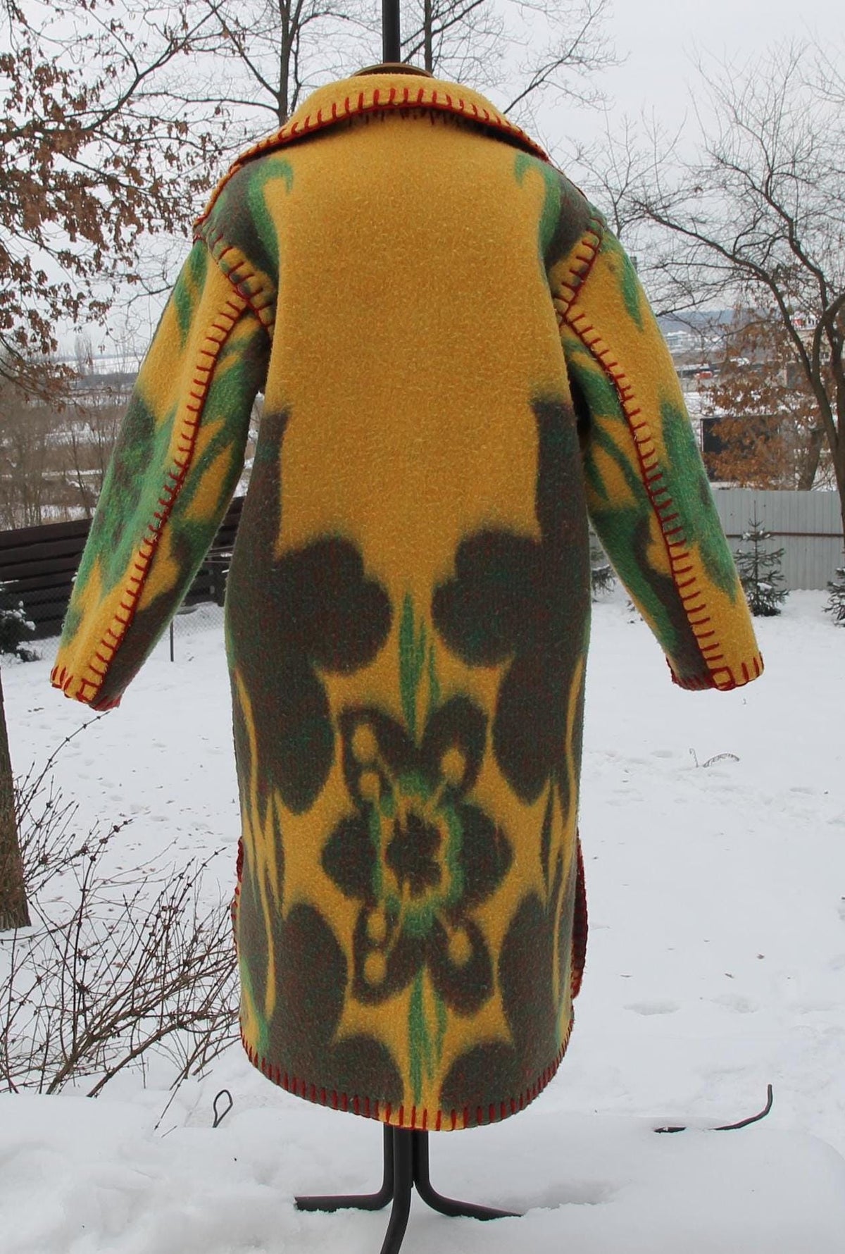 Handmade Coat from Vintage Wool Blanket, Oversized Wrap Coat with Belt, Two Pockets, Upcycled Boho Winter Coat