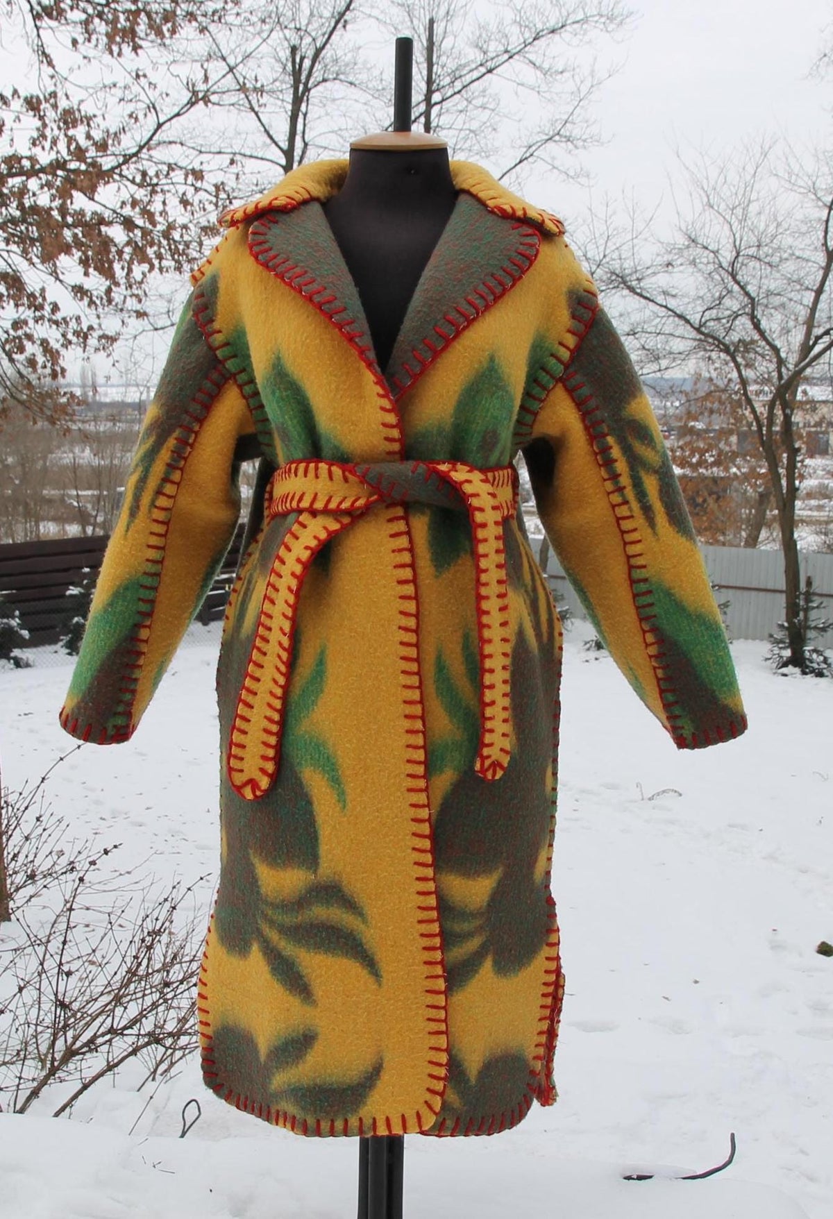 Handmade Coat from Vintage Wool Blanket, Oversized Wrap Coat with Belt, Two Pockets, Upcycled Boho Winter Coat