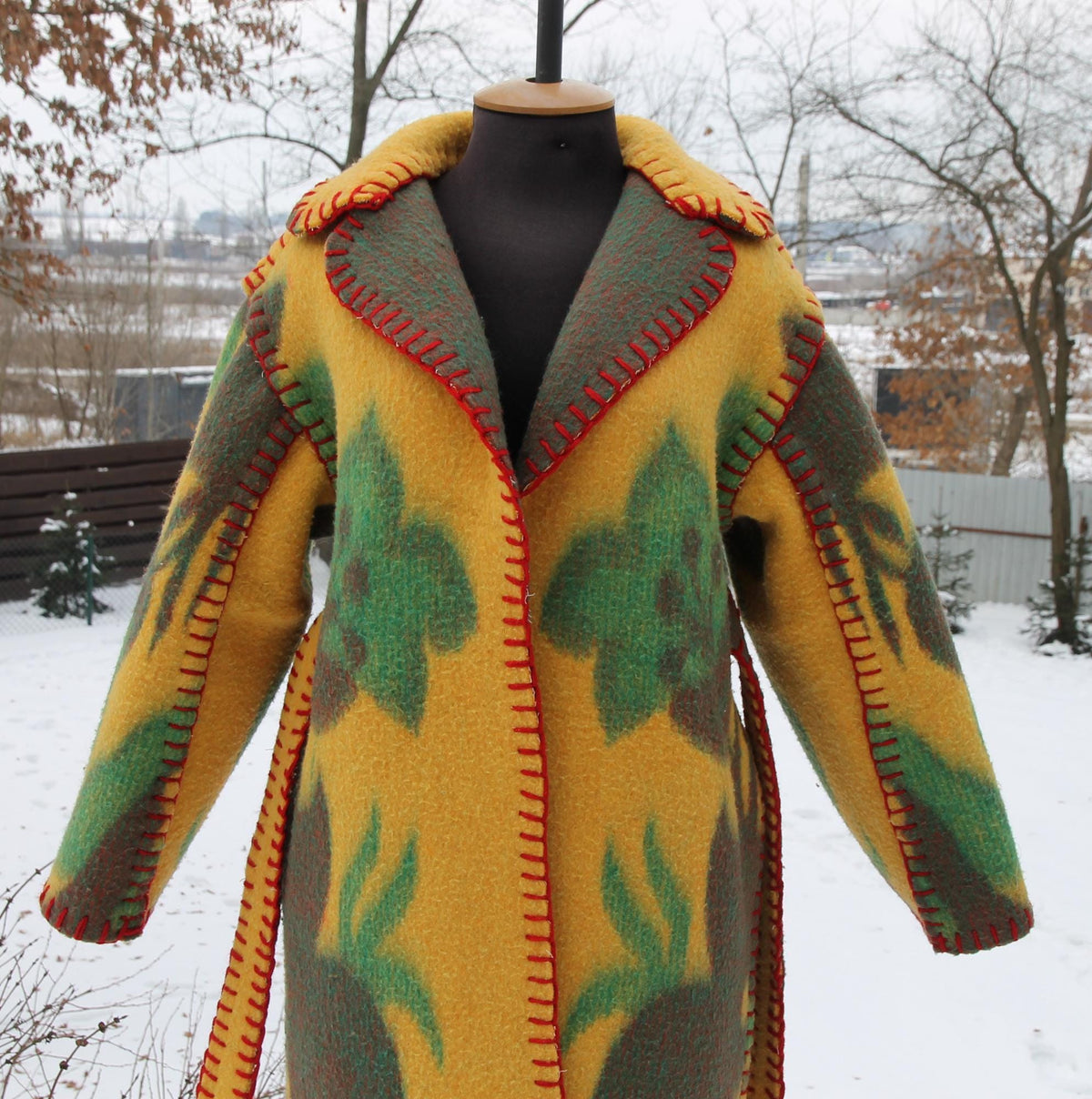Handmade Coat from Vintage Wool Blanket, Oversized Wrap Coat with Belt, Two Pockets, Upcycled Boho Winter Coat