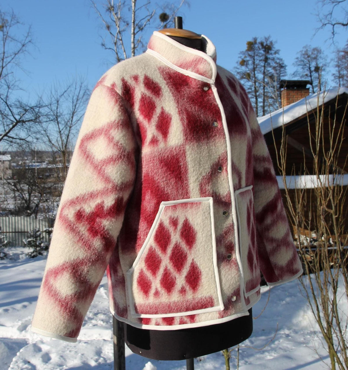 Handmade Wool Blanket Jacket M–L, Upcycled Vintage Blanket Coat, Warm Lined Winter Jacket, Ethnic Folk Style