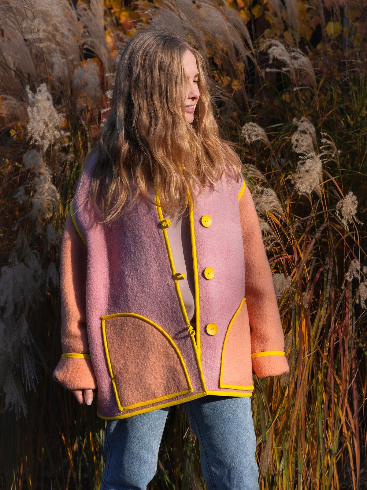 Upcycled Vintage Blanket Jacket Handmade size L XL – Wool Coat from Two Blankets, Warm Fall Winter Jacket