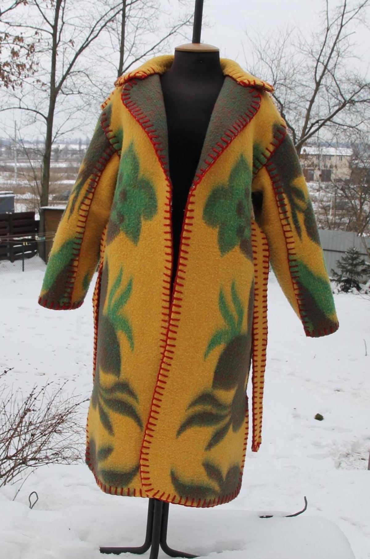 Handmade Coat from Vintage Wool Blanket, Oversized Wrap Coat with Belt, Two Pockets, Upcycled Boho Winter Coat