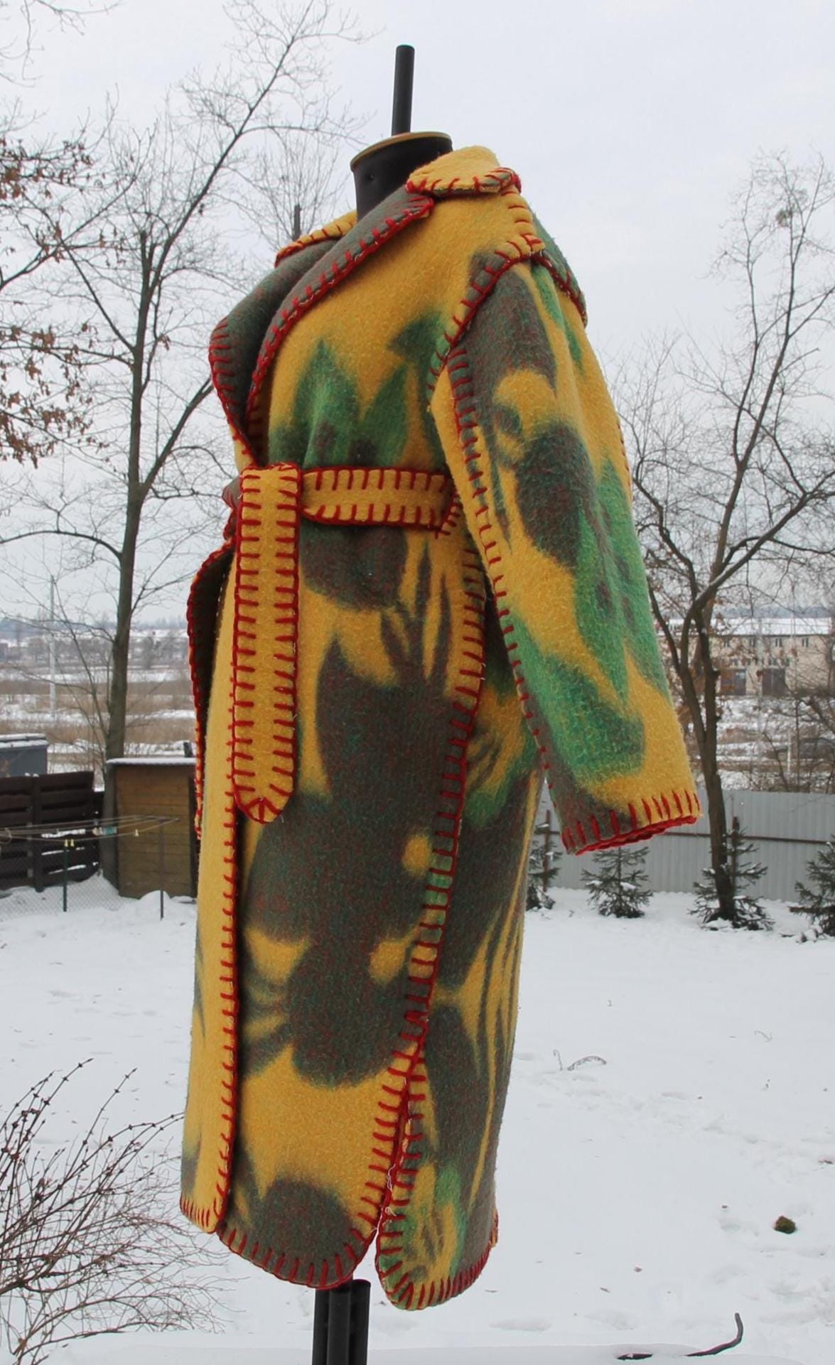 Handmade Coat from Vintage Wool Blanket, Oversized Wrap Coat with Belt, Two Pockets, Upcycled Boho Winter Coat