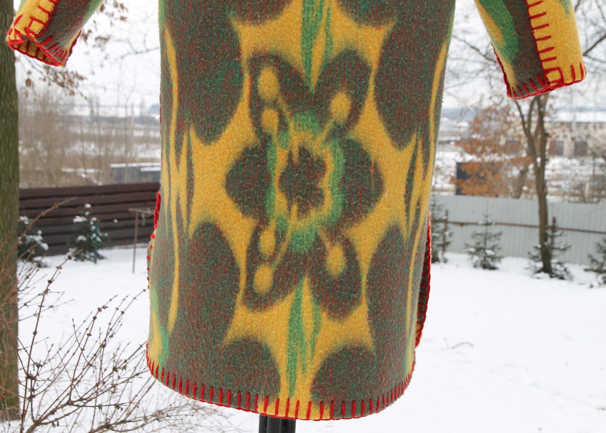 Handmade Coat from Vintage Wool Blanket, Oversized Wrap Coat with Belt, Two Pockets, Upcycled Boho Winter Coat