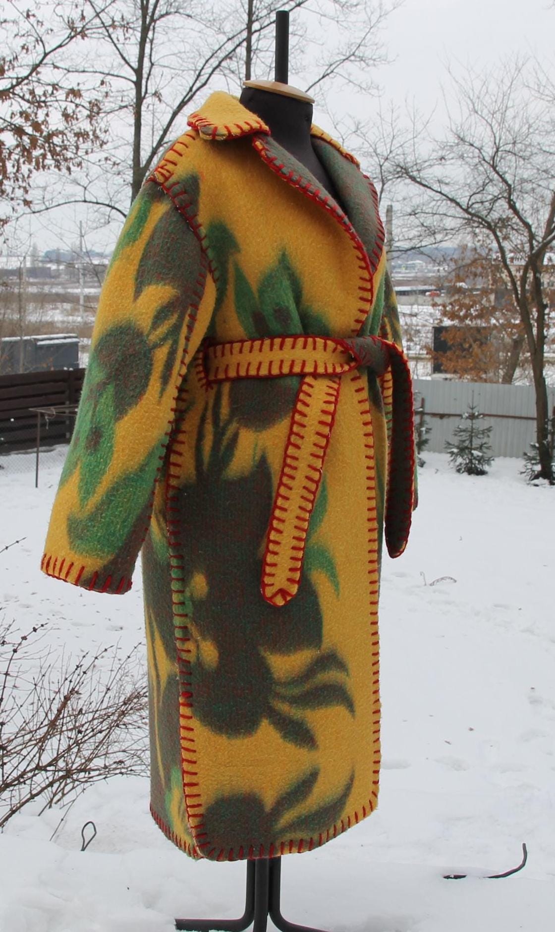 Handmade Coat from Vintage Wool Blanket, Oversized Wrap Coat with Belt, Two Pockets, Upcycled Boho Winter Coat