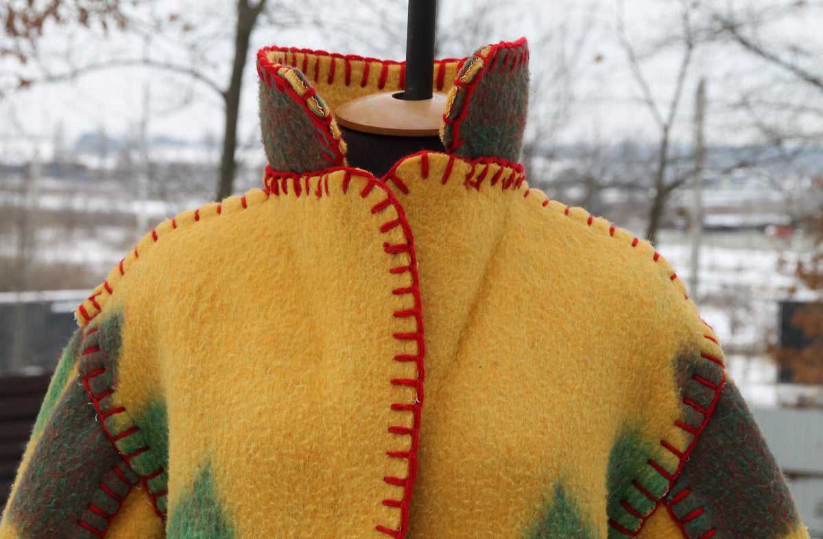 Handmade Coat from Vintage Wool Blanket, Oversized Wrap Coat with Belt, Two Pockets, Upcycled Boho Winter Coat
