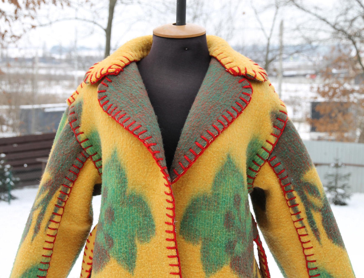 Handmade Coat from Vintage Wool Blanket, Oversized Wrap Coat with Belt, Two Pockets, Upcycled Boho Winter Coat