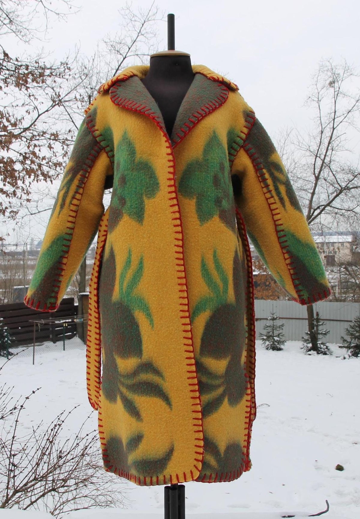 Handmade Coat from Vintage Wool Blanket, Oversized Wrap Coat with Belt, Two Pockets, Upcycled Boho Winter Coat