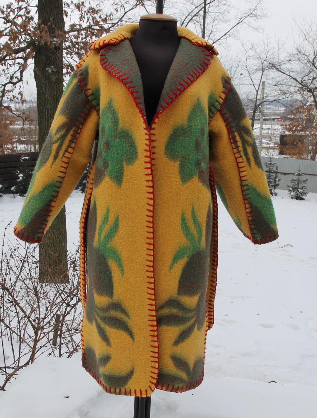 Handmade Coat from Vintage Wool Blanket, Oversized Wrap Coat with Belt, Two Pockets, Upcycled Boho Winter Coat