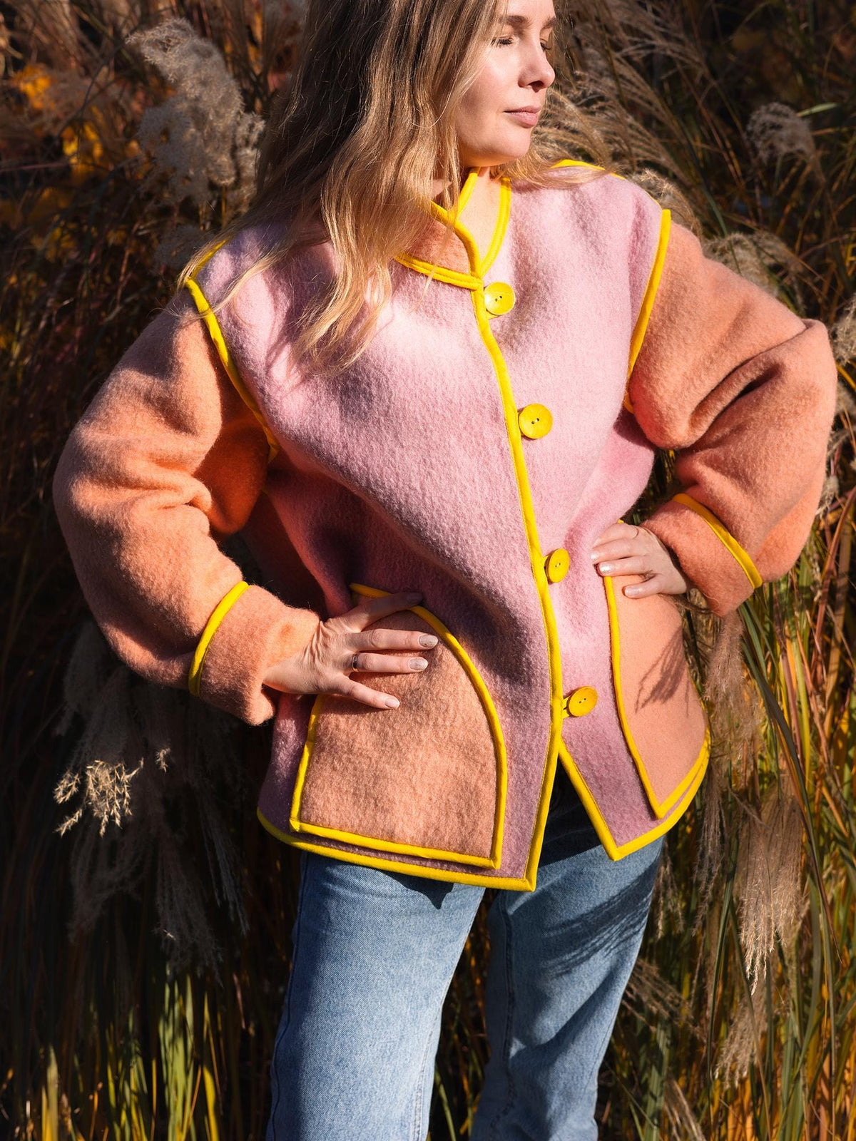 Upcycled Vintage Blanket Jacket Handmade size L XL – Wool Coat from Two Blankets, Warm Fall Winter Jacket