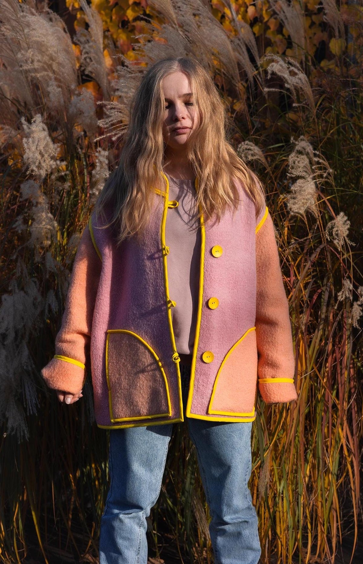 Upcycled Vintage Blanket Jacket Handmade size L XL – Wool Coat from Two Blankets, Warm Fall Winter Jacket