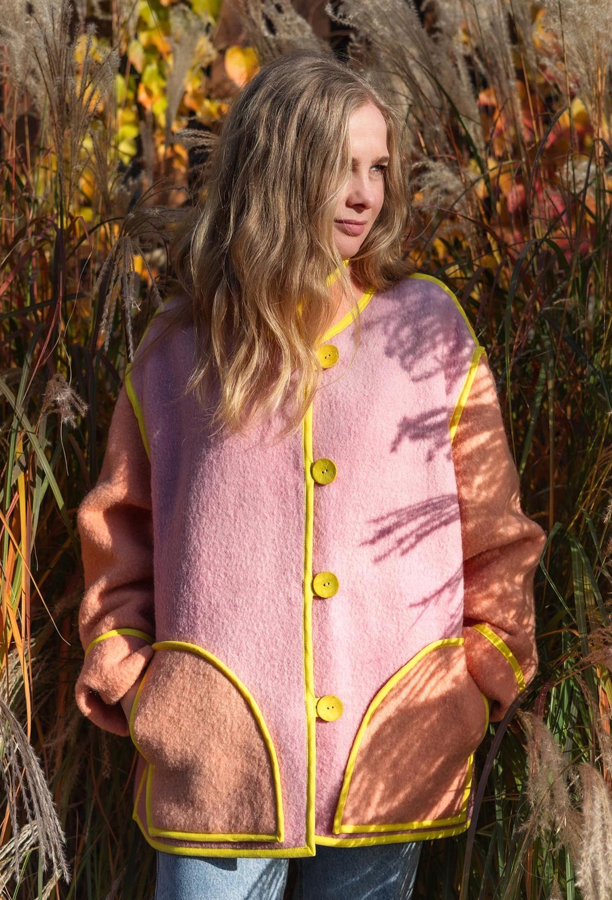 Upcycled Vintage Blanket Jacket Handmade size L XL – Wool Coat from Two Blankets, Warm Fall Winter Jacket