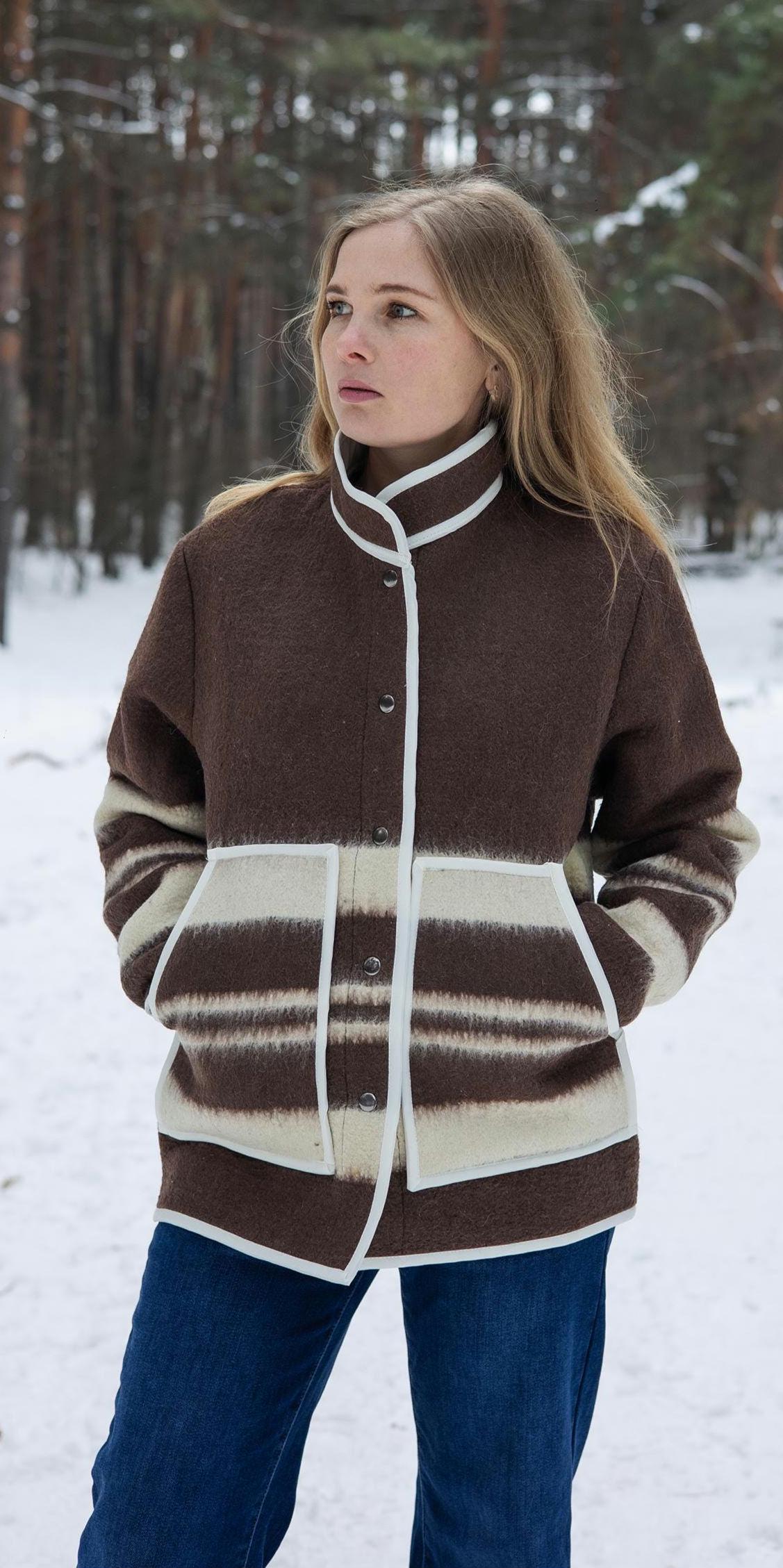 Upcycled Wool Blanket Coat size M, Handmade Boho Winter Jacket, Sustainable Recycled Outerwear