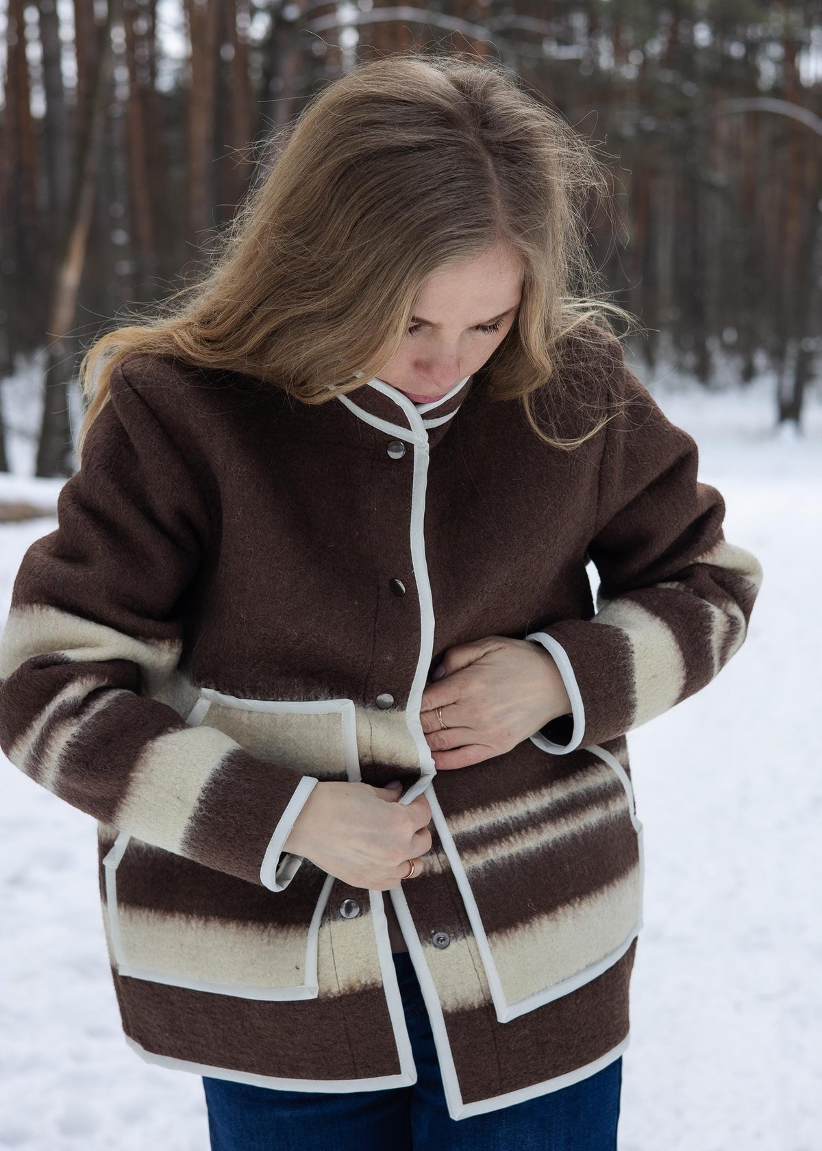 Upcycled Wool Blanket Coat size M, Handmade Boho Winter Jacket, Sustainable Recycled Outerwear