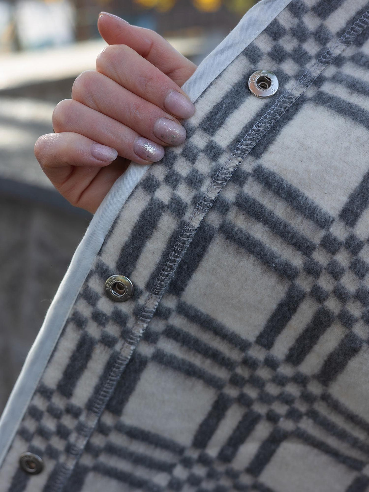 Upcycled Plaid Wool Blanket Jacket – Grey White Chore Coat, Sustainable Fashion